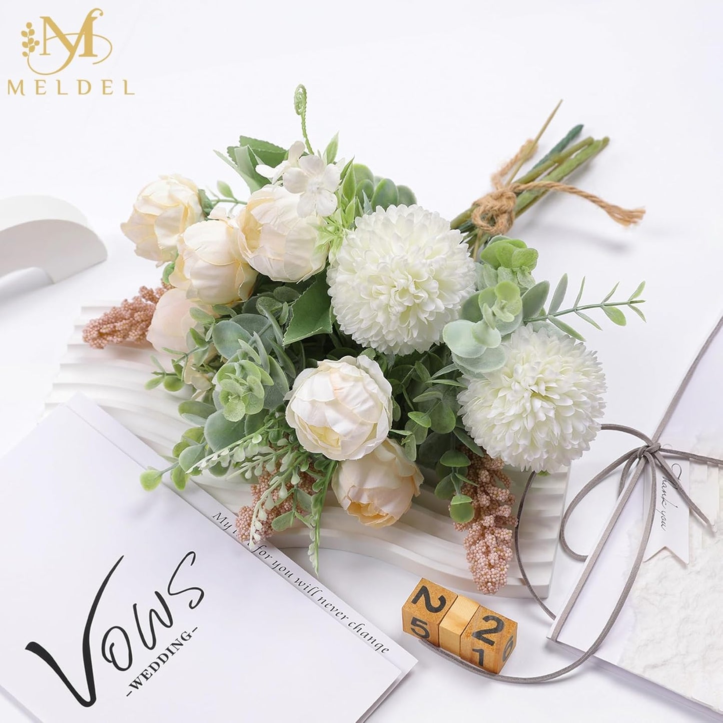 Meldel 3Pcs Rose Bouquet Light Champagne Artificial Flowers Peony Eucalyptus Plants Silk Flower Arrangements Wedding Bouquets Decorations Plastic Floral Centerpieces for Home Kitchen Party Decor