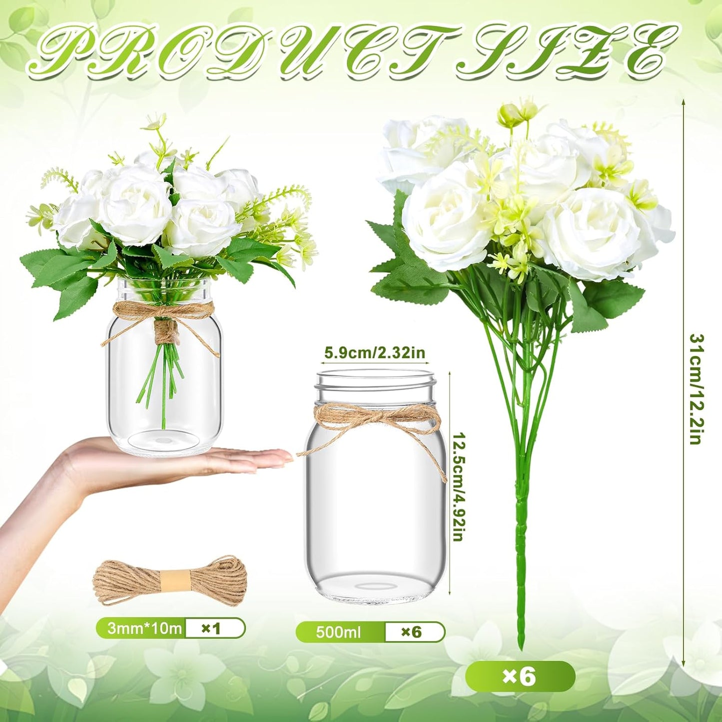 6 Set Centerpiece Table Decorations Mason Jar Table Centerpiece with Flower Mason Jar Wedding Centerpieces Vases Decor for Reception Engagement Party Bridal Shower (White Rose)