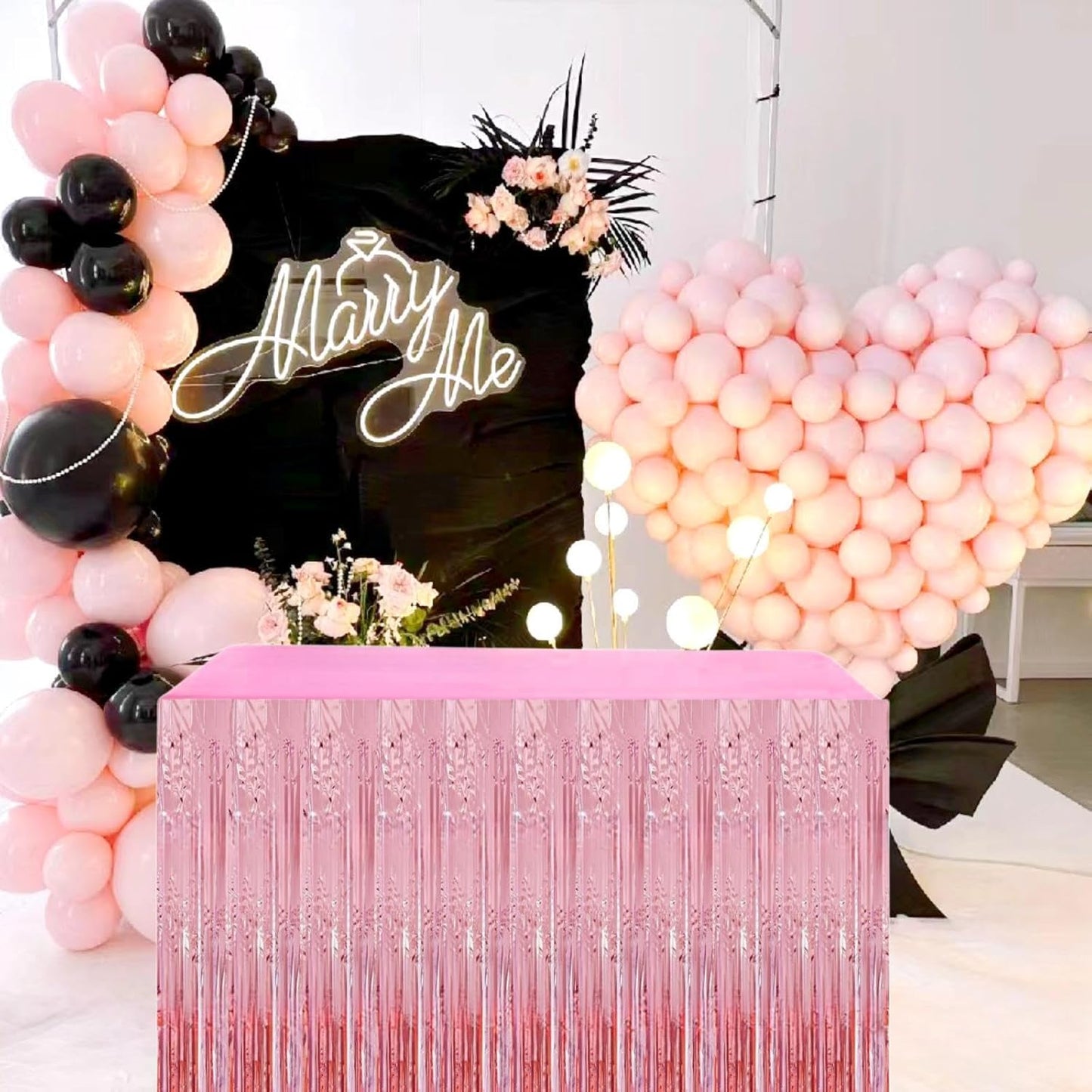 Pink Streamers Party Decorations, 2 Packs Pink Table Skirts Metallic Foil Fringe Tinsel for Birthday Bachelorette Girl Baby Shower Fiesta Float Parade Graduation Party Supplies -29x108Inch