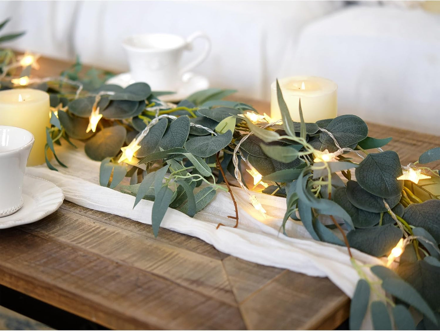 FiveSeasonStuff Woodland Whispers: Rustic Willow and Eucalyptus Garlands with 33 Feet 80 LED Star String Lights (USB)