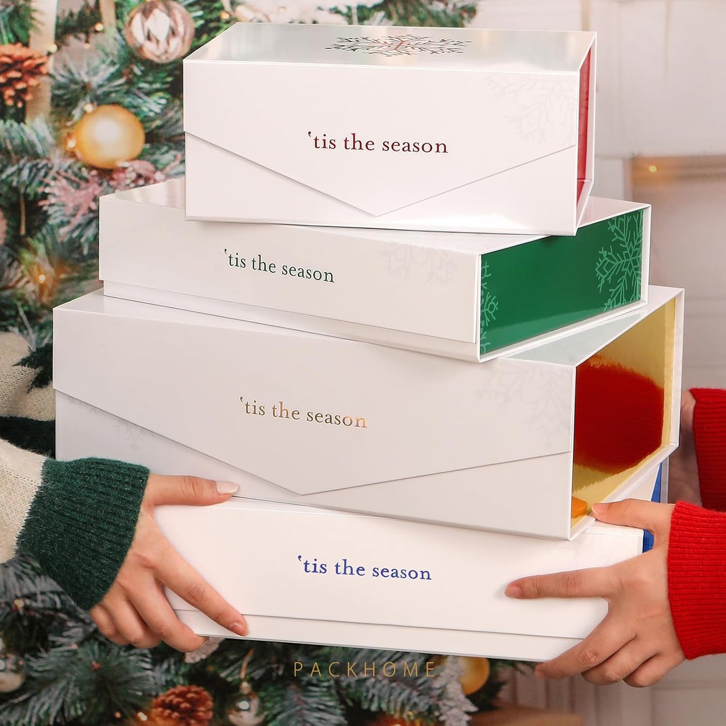 PACKHOME Christmas Gift Box 13x9.7x3.4 Inches, Large Gift Box with Lid, Sturdy Shirt Box with Magnetic Lid for Wrapping Gifts (Blue Snowflake Pattern)