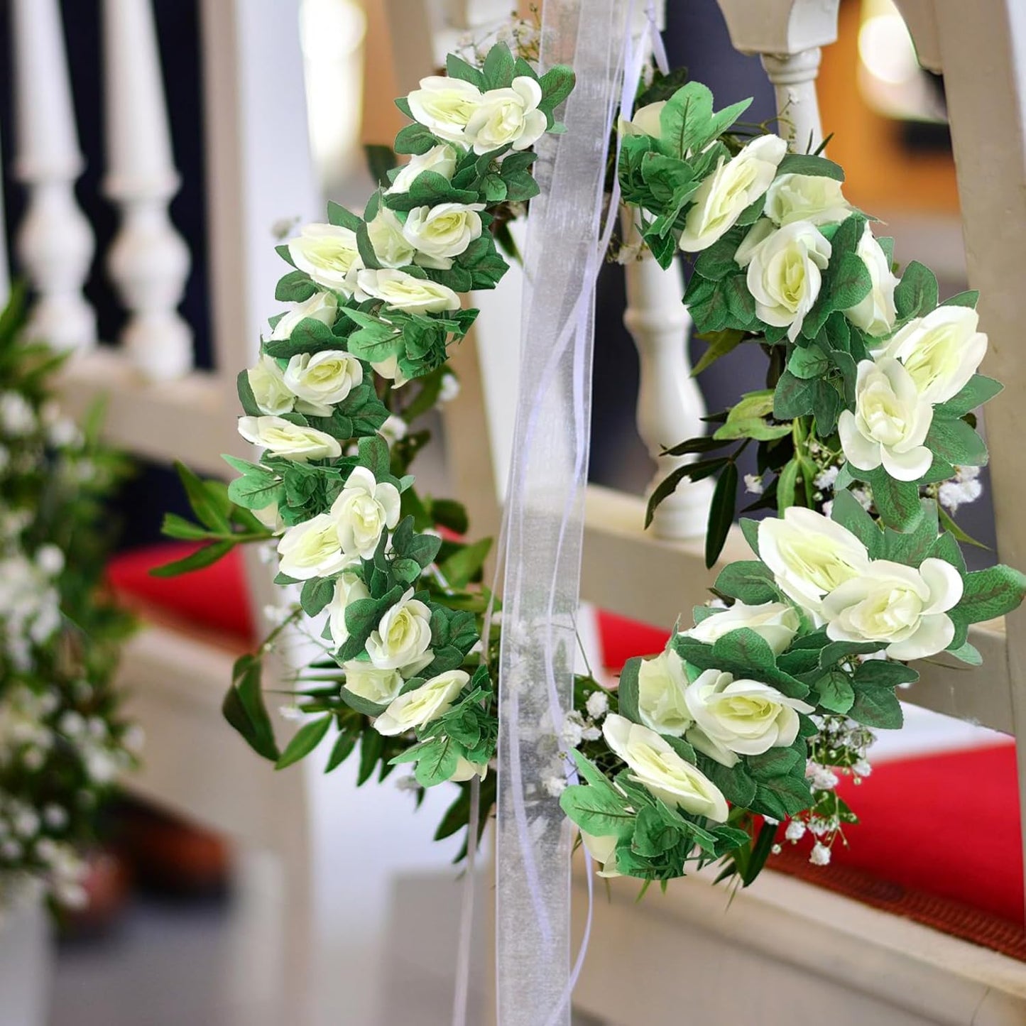 4 Pack Artificial Rose Vine Garland Fake Roses Flowers Plants Vines Hanging Floral Leaves Decoration for Wedding Party Table Garden Arch Wall Home Room Decor(White)