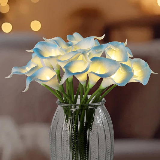 20pcs Artificial Calla Lily Bouquet Lamp Faux Floarl Night Light Real Touch Flower Night Lamp LED Calla Lily Lighted Artificial Flower for Her Gifts Home Kitchen Decor(Light Blue)