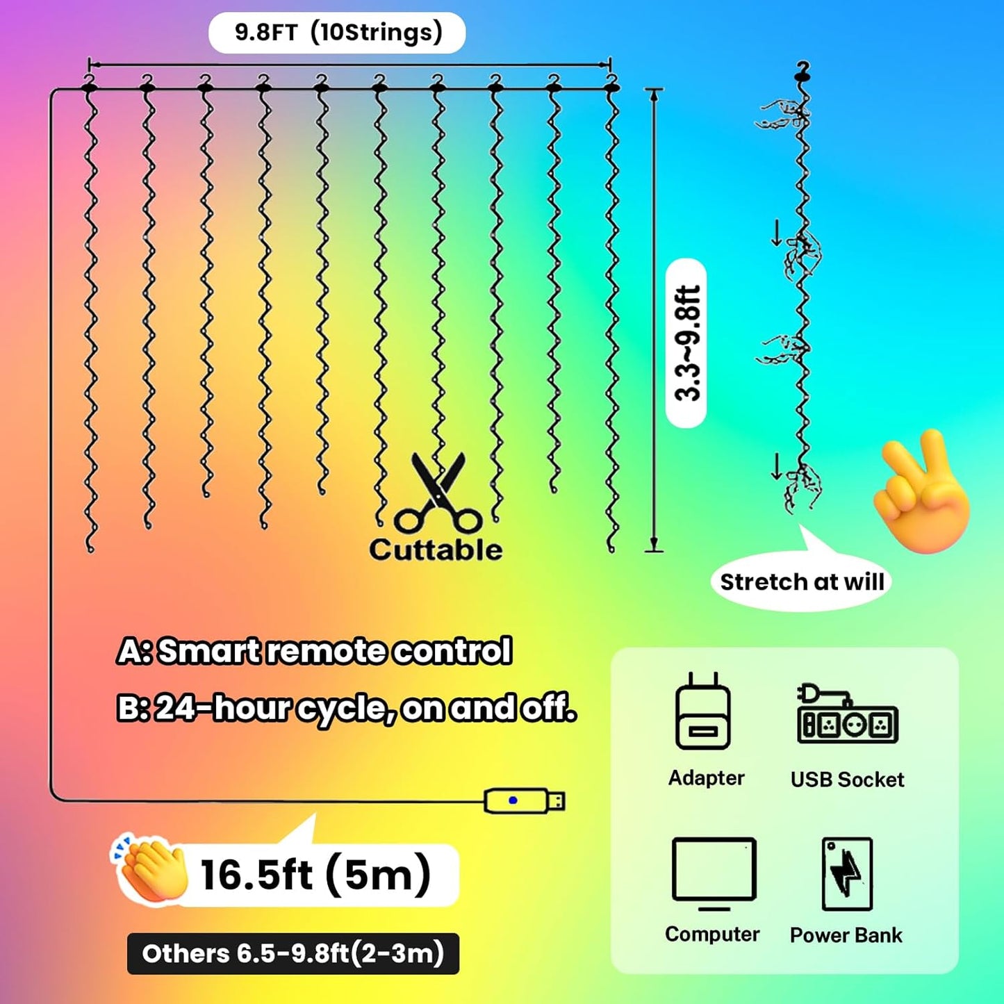 HXWEIYE 300LED Fairy Curtain Lights, 9.8x9.8Ft USB Plug-in 8 Modes Christmas String Hanging Lights with Remote for Bedroom Backdrop Wedding Party Indoor Wall Decor, Multicolor