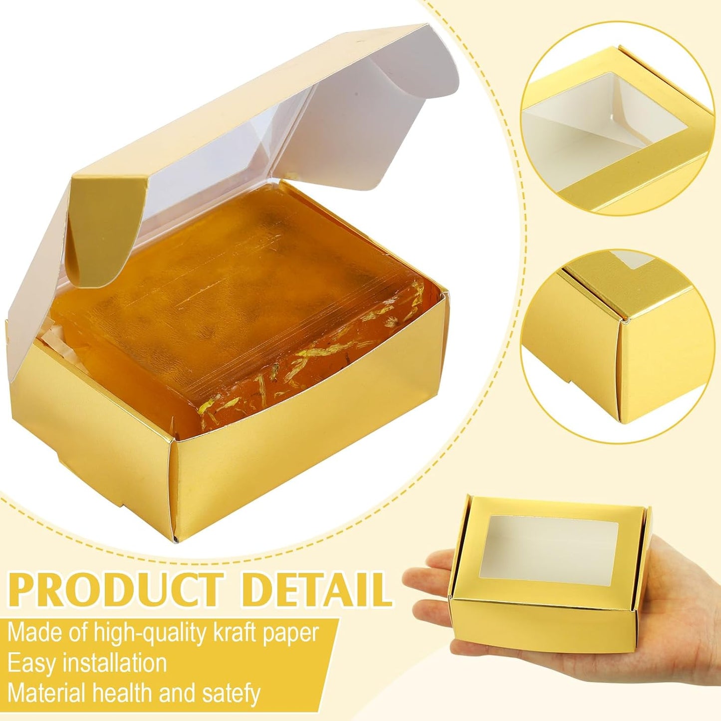Zonon 30 Pcs Soap Boxes for Homemade Packaging, Mini Kraft Treat Boxes with Window for Bakery Candy Soap Making Gift Packaging(3.7 x 2.6 x 1.37 Inch,Gold)