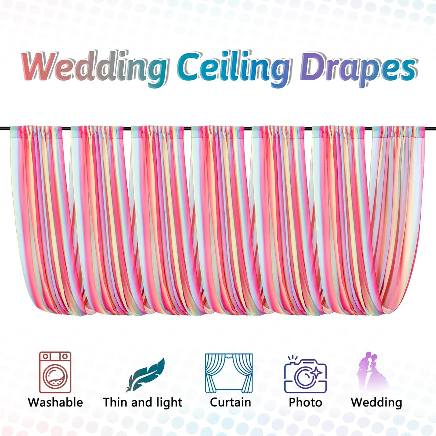DUOBAO Rainbow Chiffon Wedding Ceiling 10FT Length Photo Background Curtain Decorations with Rod Pocket for Banquet Room Weddings Ceremony Graduation Prom, W 5' x L 10'-6 Panels Bright Rainbow