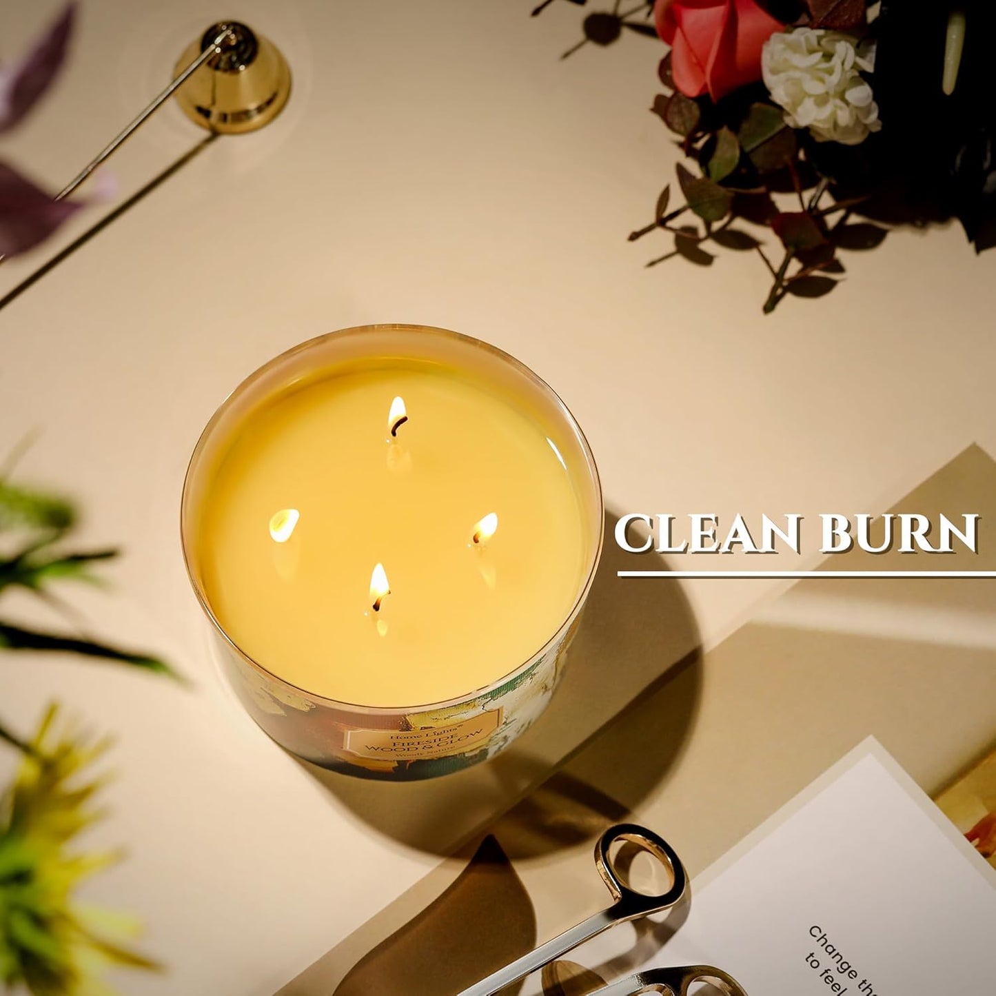 HomeLights 4-Wick Candles for Home Scented - 18oz Soy Wax Blend Candle Long-Lasting Fragrance, Industrial Chic Home Decor and Housewarming Gifts, Fireside Wood & Glow