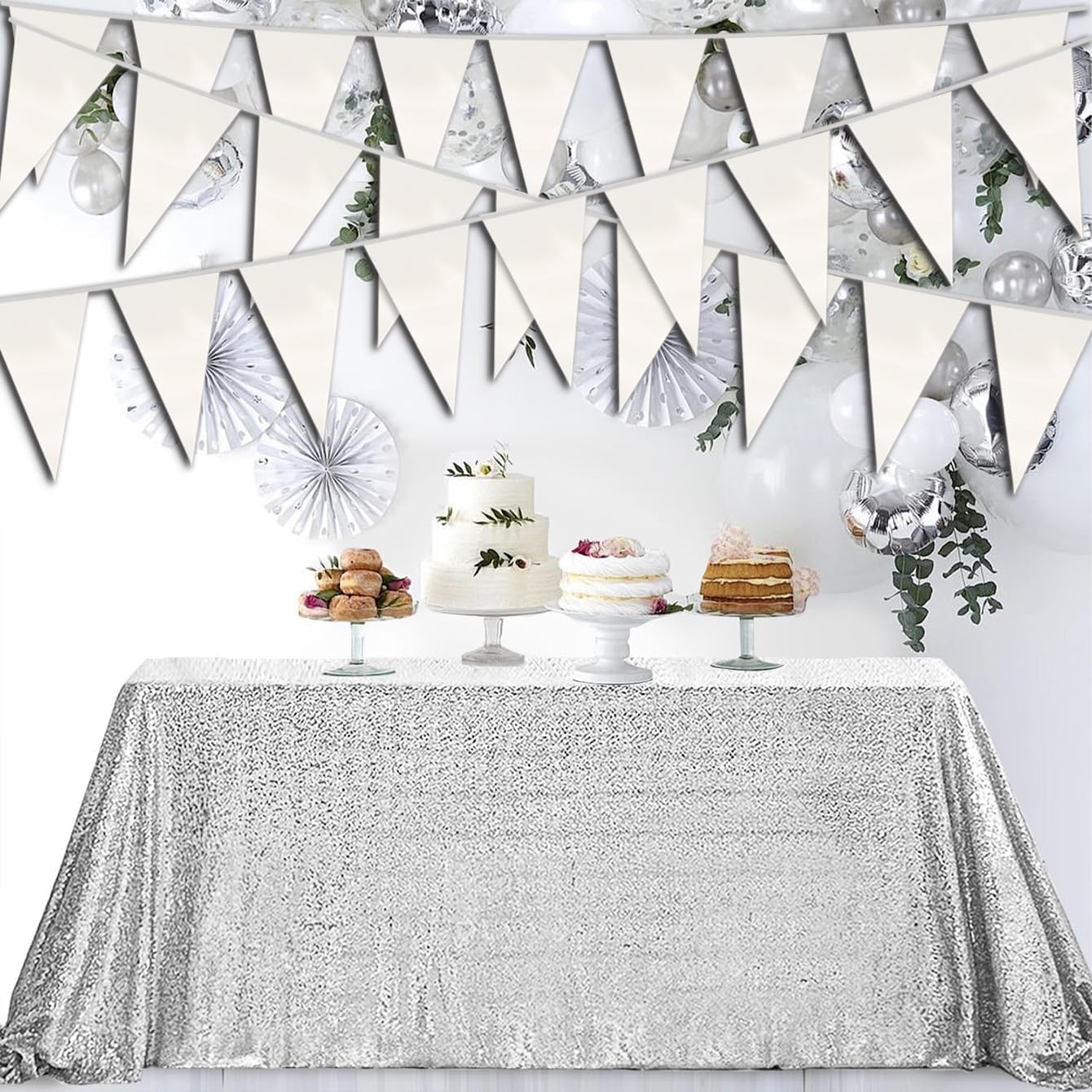 20M/65FT White Triangle Pennant Banner Flag Metallic Fabric Bunting Garland for Christmas Graduation Wedding Engagement Anniversary Bachelorette Birthday Bridal Shower Valentines Hen Party Supplies