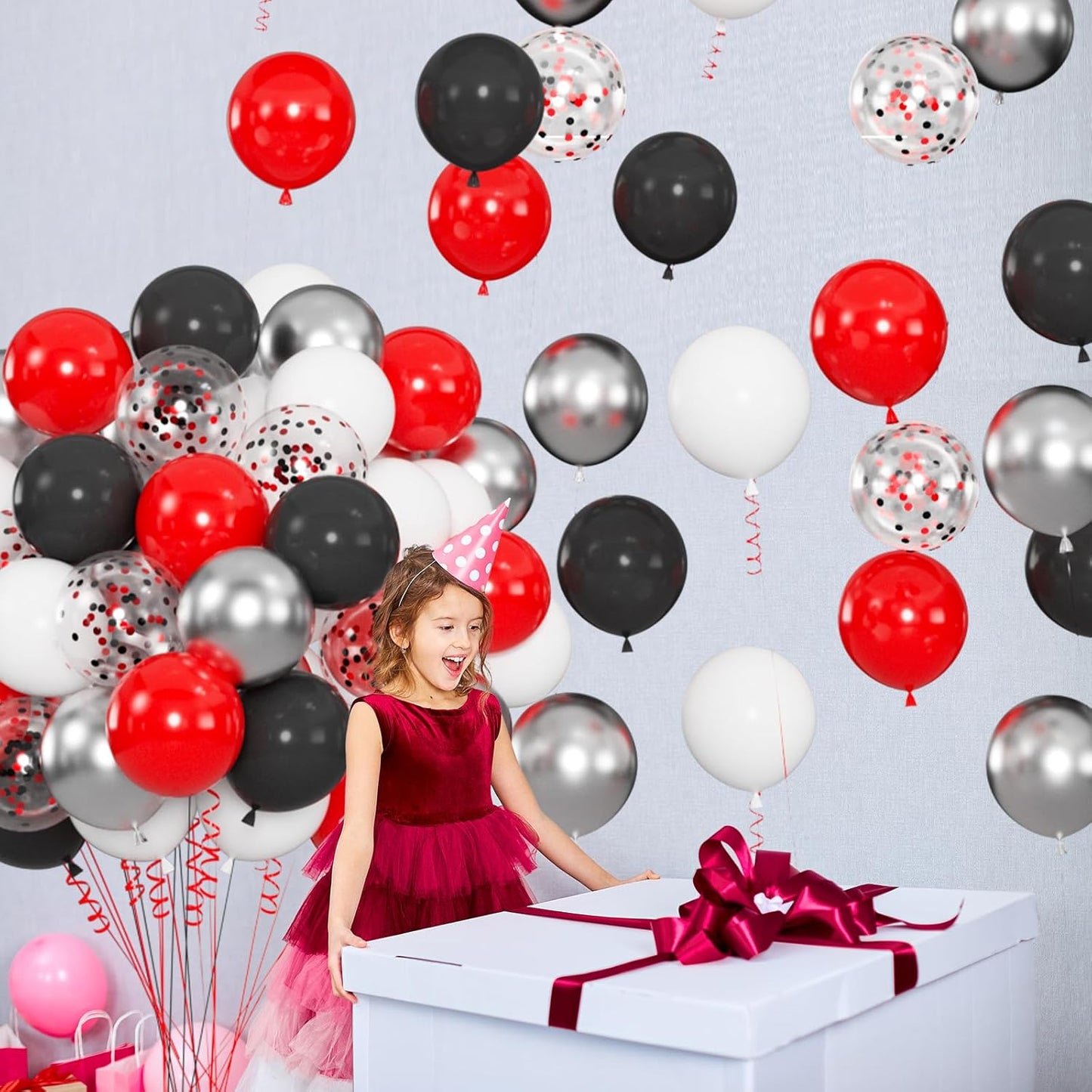 100pcs Red Black White Balloons Kit - 12 Inch Metallic Silver Confetti Latex Balloons for Christmas, Spider-Man Birthday, Masquerade Ball, Graduation, Halloween (66ft Ribbons)