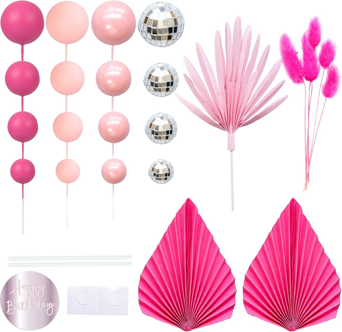 Ephlyn 33 Pack Balls Cake Toppers Boho Palm Leaves Cake Decorations Round Acrylic Happy Birthday Cupcake Toppers for Birthday Wedding Baby Shower Party Supplies Silver Rose Red