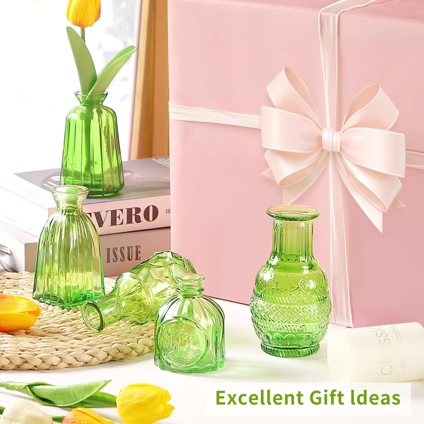 Charm Glass Bud Vases, Small Flower Vases in Bulk for Centerpieces, Vintage Mini Vases for Wedding Decor, Home Table Decorations Diffuse Bottles,Ideals (Pack of 30,Light Green)