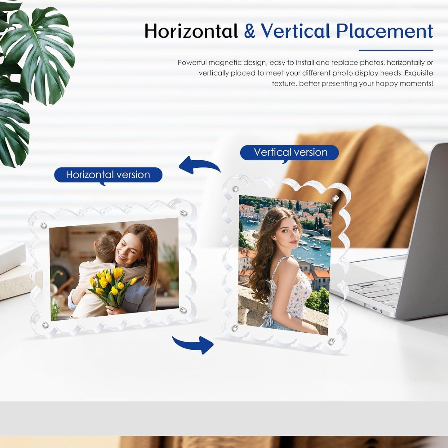 Scalloped Magnetic Picture Frame 4x6 Inch - 2Pack Clear Acrylic Photo Frame, 20mm Thick Double-Sided Magnet Design, Trendy Desktop Display for Home/Office Decor (2 Pack, 4X6)