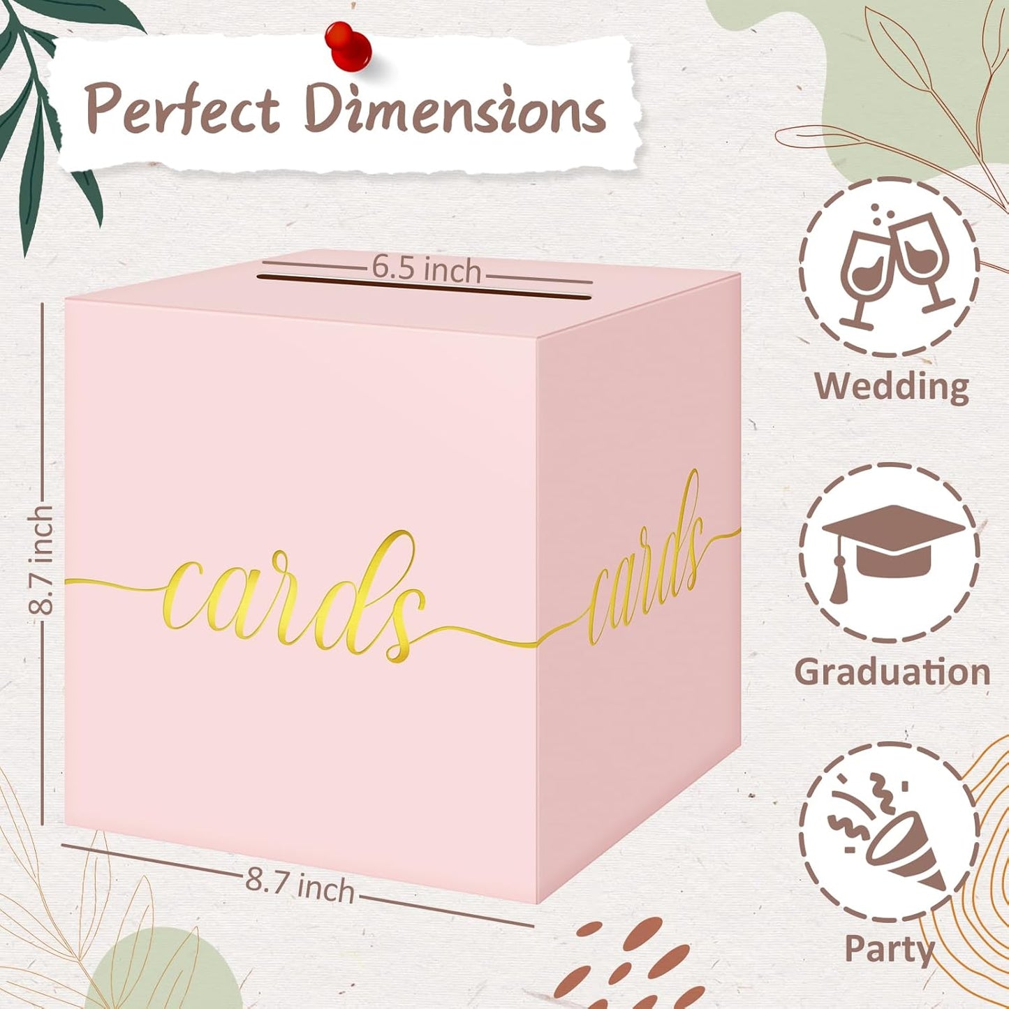 QIKSION Pink Wedding Card Box, Gold Foil Gift Card Box for Party, Wedding Reception, Graduation, Birthday, Baby Shower, Raffle