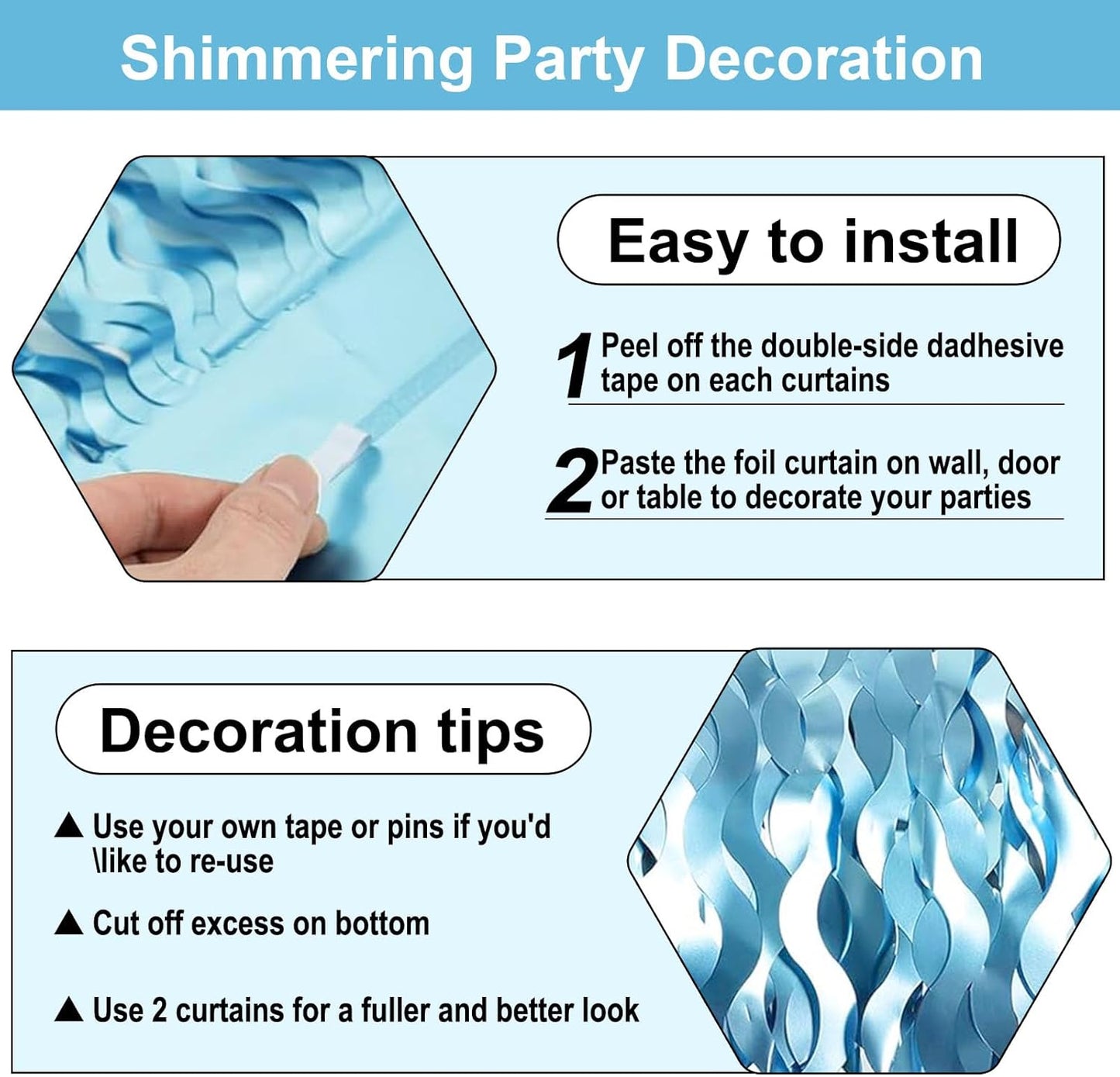 4 Pack Light Blue Wave Foil Fringe Curtain Backdrop, 3.28Ft x 8.2Ft Metallic Tinsel Foil Fringe Streamer Curtains for Photo Booth, Mother's Day, Easter, Birthday, Wedding Party Decoration