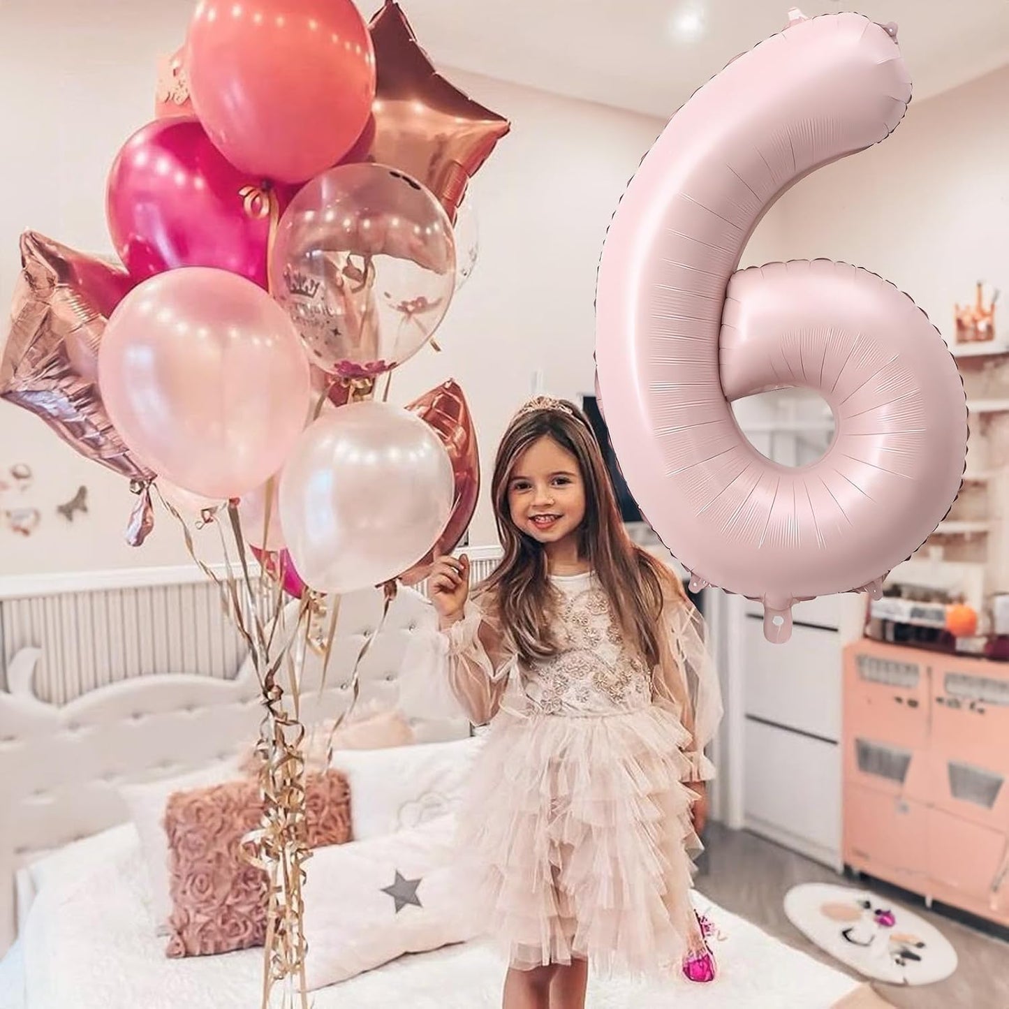 Light Pink Number Balloon 6, 40 Inch Large Self Inflating 6 Foil Number Balloons 0-9, Blush Pastel Pink Digital 6 Helium Balloon for Girls Women 6th Birthday Party Graduation Anniversary Decorations