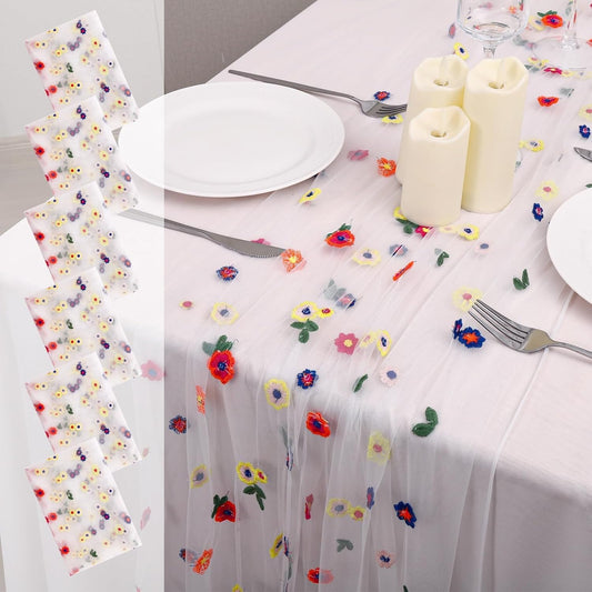 6PCS Lvory Floral Table Runner 10 FT, Embroidery Daisy Table Runners Seasonal Sheer Tulle Table Runner for Thanksgiving Wedding Birthday Baby Shower Party ﻿
