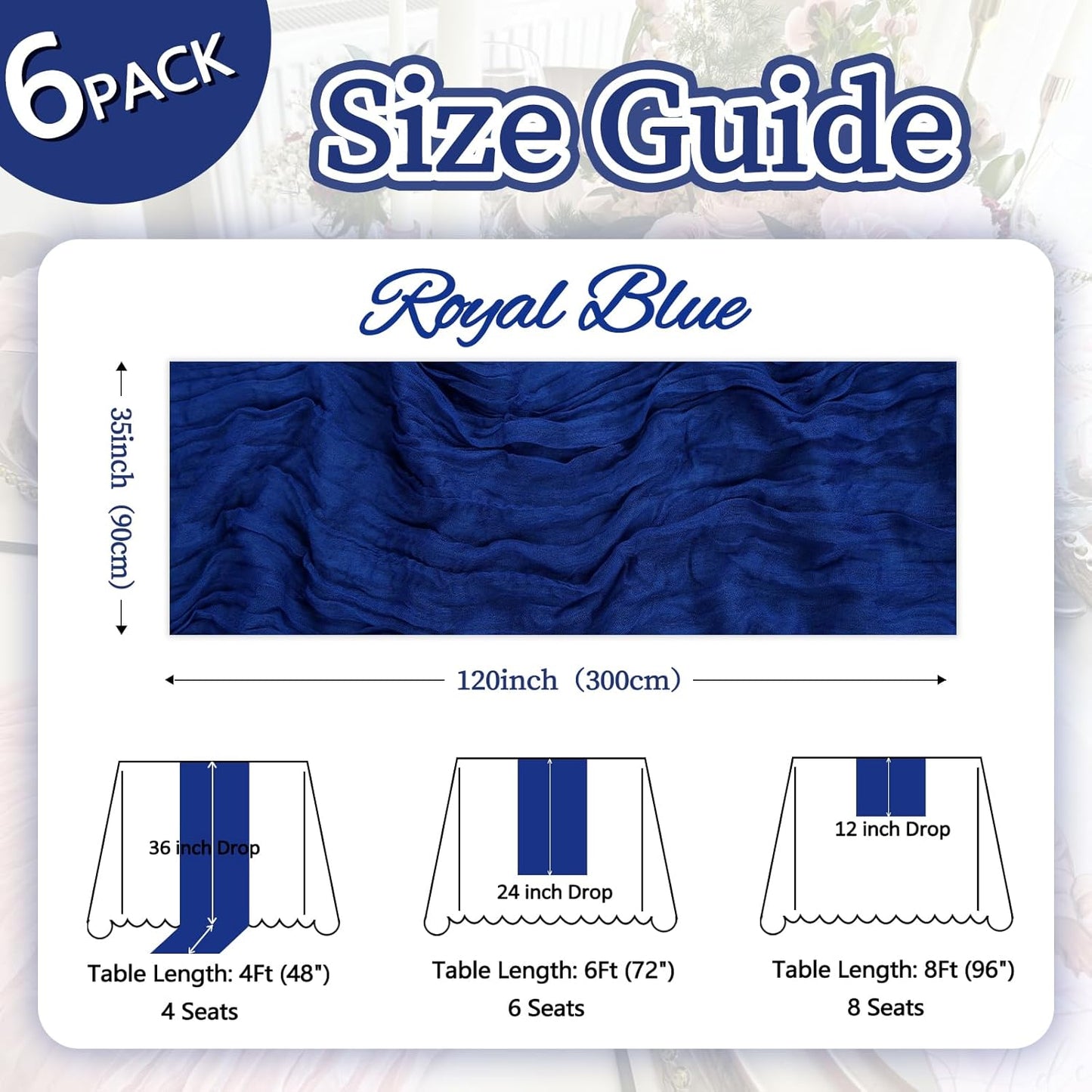 6 Pack Royal Blue Table Runner 10ft Boho Gauze Fabric Cheese Cloth Table Runner 35 x 120 Inch Rustic Sheer Runner for Romantic Wedding Decor Baby Shower Party Table Centerpiece Decorations
