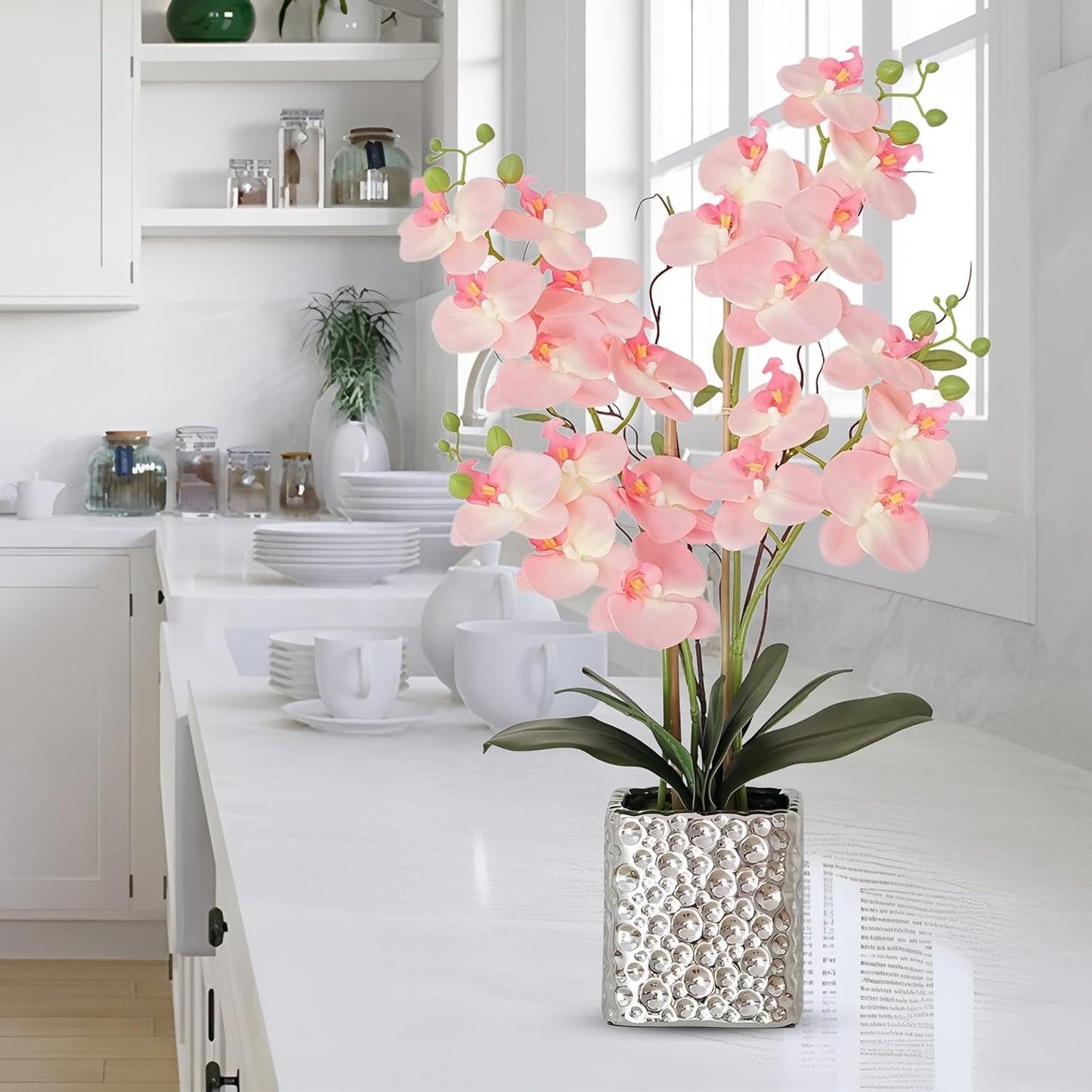 Orchid Artificial Flowers with Sliver Vase Large Silk Faux Phalaenopsis Flowers for Dining Room Table Floral Centerpieces Indoor Decoration,Pink