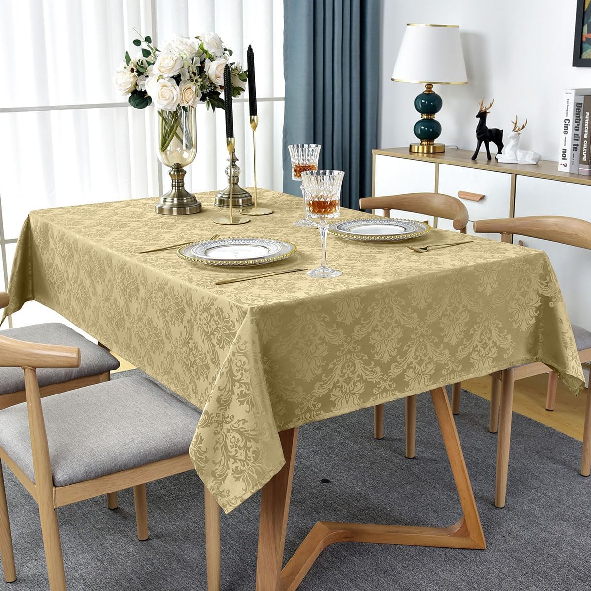SASTYBALE Jacquard Tablecloth Rectangle 60 x 120 Inch, Spill Proof Dust Resistant Damask Table Cloth, Soft Polyester Table Cover for Dining, Party, Indoor, Outdoor, Gold