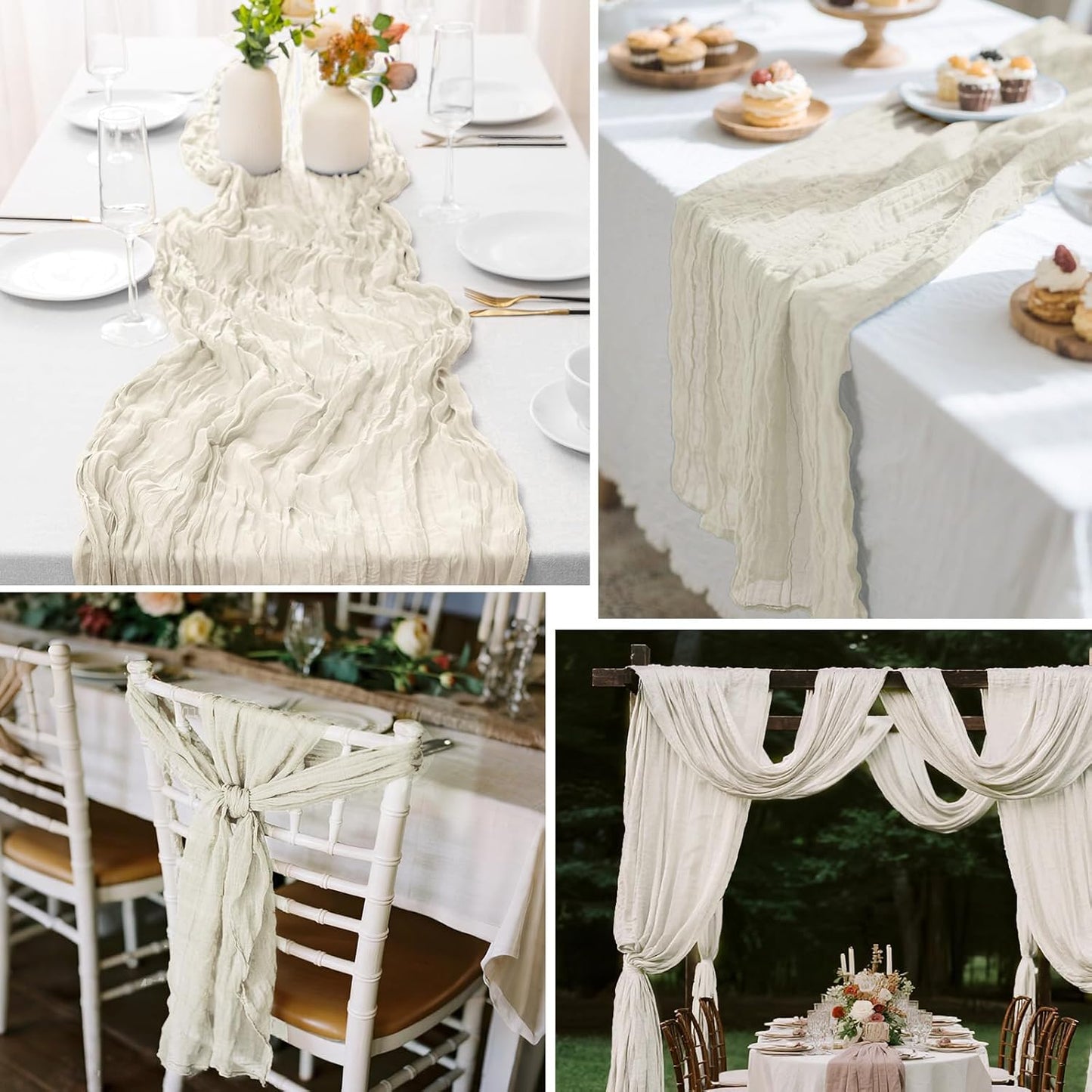 2 Pcs Ivory Cheesecloth Table Runner - 120 inch 10FT Boho Rustic Gauze Cheese Cloth Table Runner Decor for Spring Summer Party Wedding Birthday Baby Bridal Shower Home
