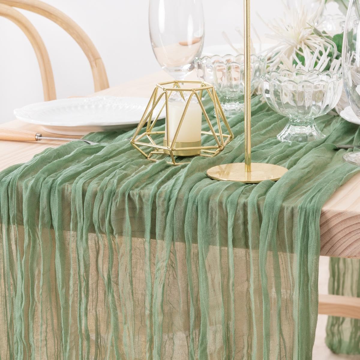 MLMW 2 Pack Sage Green Table Runner Cheesecloth Boho Gauze Rustic Cheese Cloth Table Runner 160 inch Sheer 13.3ft for Wedding Party Baby Bridal Shower Birthday