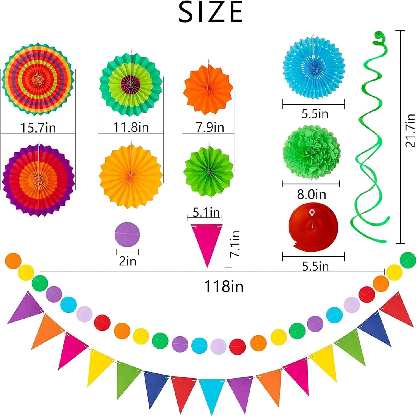 32Pcs Cinco De Mayo Decorations Fiesta Party Decorations Multi-Color Paper Fans Garlands Pennant Pom Poms Hanging Swirls For Birthday Wedding Rainbow Mexican Party