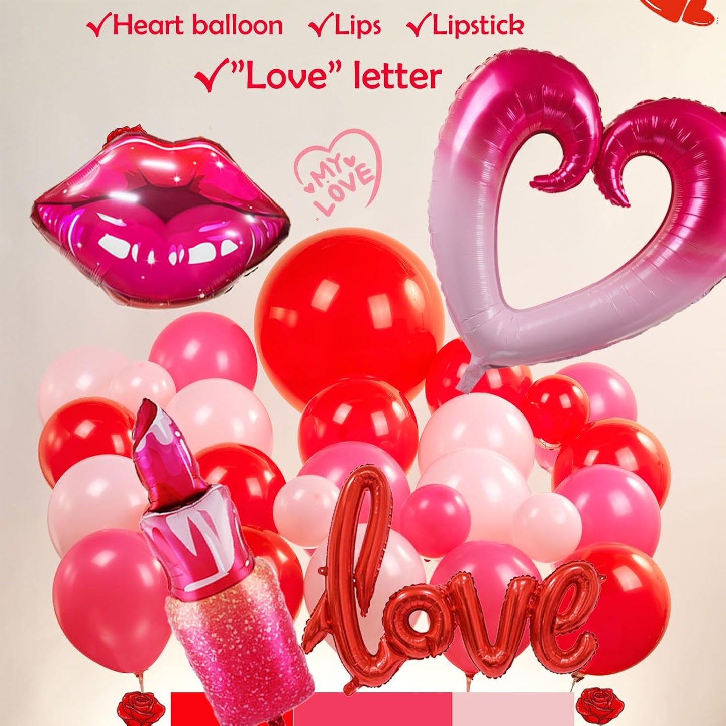 Valentines Day balloon garland arch kit with red Hot pink and love theme mylar lip heart-shaped love letter balloons for Valentines galentines Day Proposal decorations
