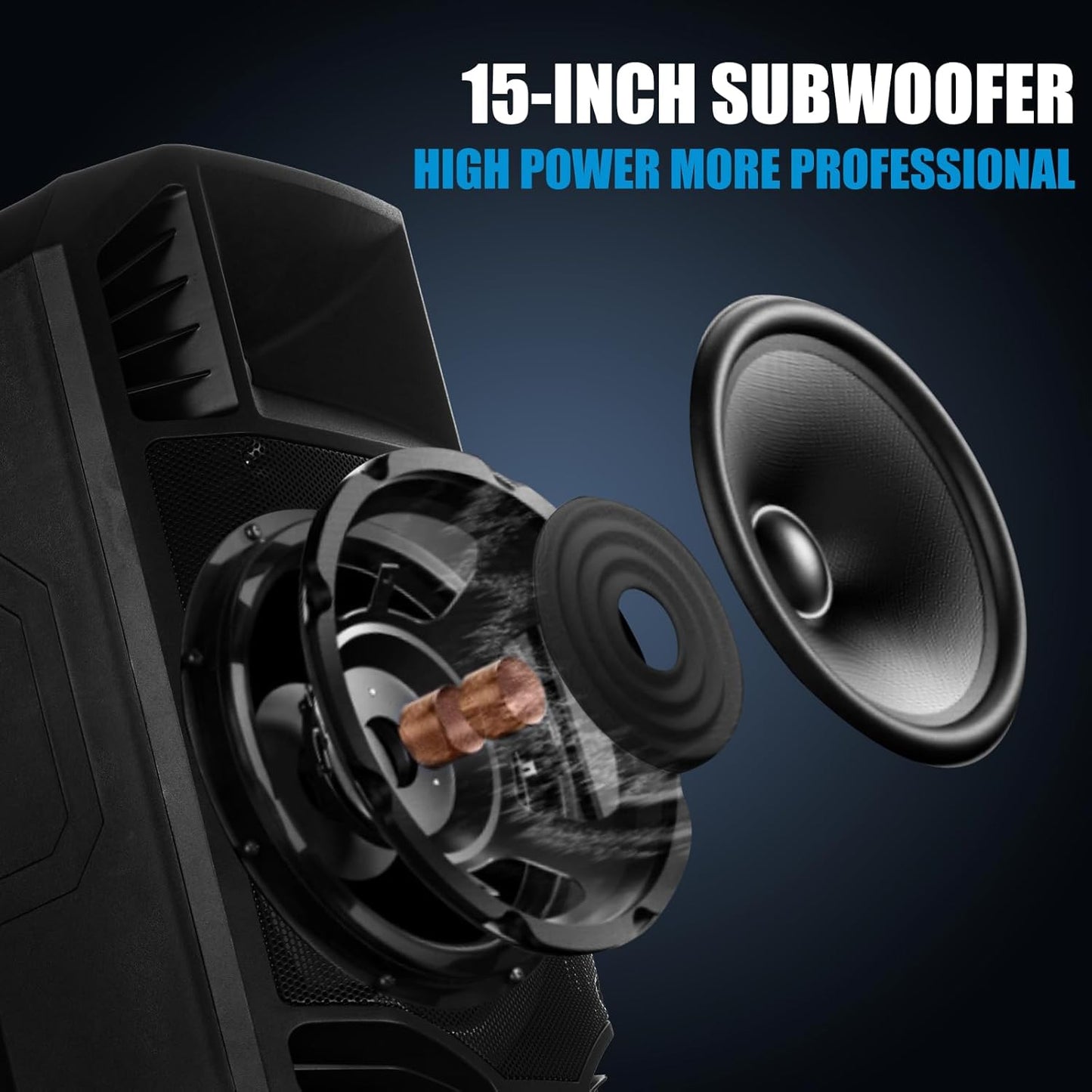 EXOTON S-1501 15 Inch Portable Rechargeable PA Speaker - 1600W, Bluetooth, TWS, USB/RCA, 2 UHF Mics, Remote, 7-Color Lights, DSP with 4 Scene Presets, 5-Band EQ