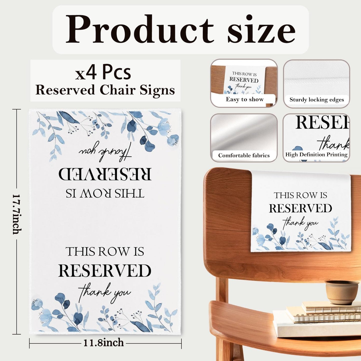 Reserved Seating Chair Signs, This Row Is Reserved Pew Cloths Seating Placeholder for Church Pews, Wedding Decorations for Reception Parties Celebrations Event Meetings (Dusty Blue, 4 PCS)