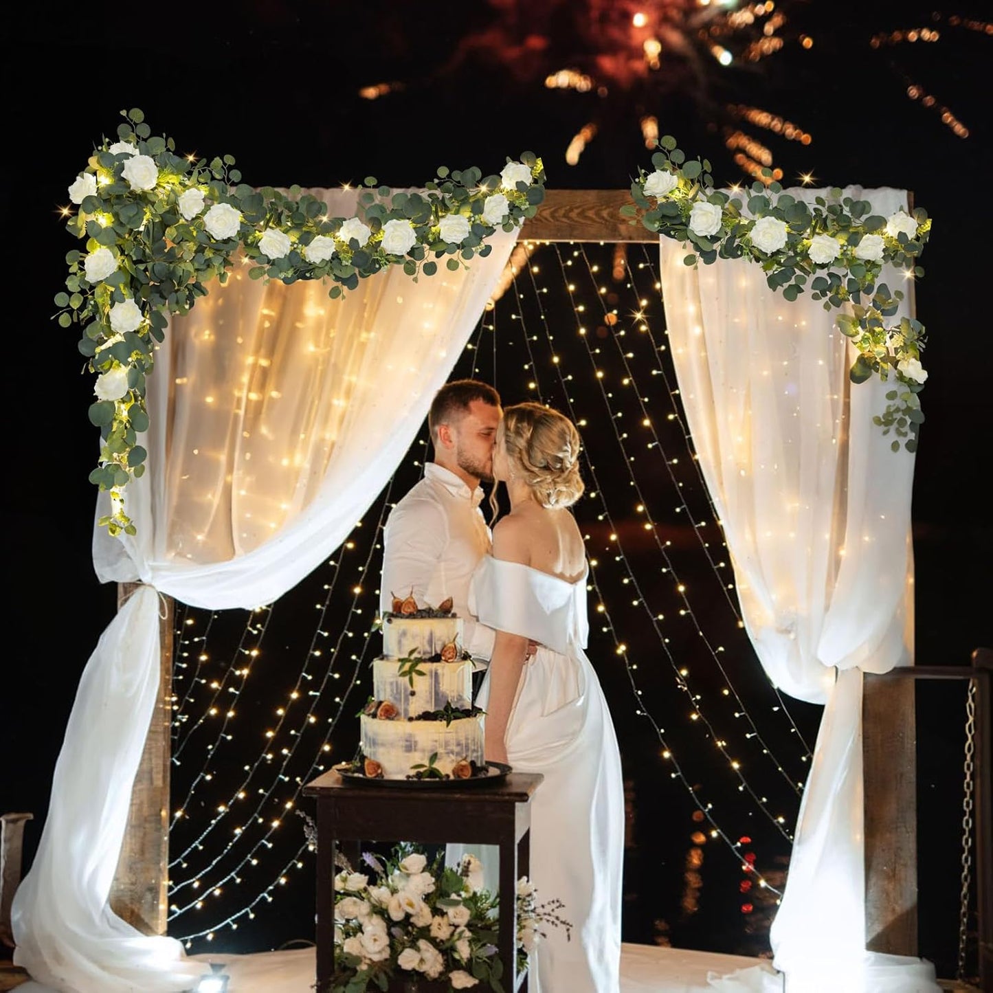 MACTING 2 Pack 13.2FT Eucalyptus Garland with Lights - Spring Gypsophila Flower Garland with 24 White Roses Artificial Floral Greenery Vine for Arch Table Centerpieces Backdrop Party Wedding Decor