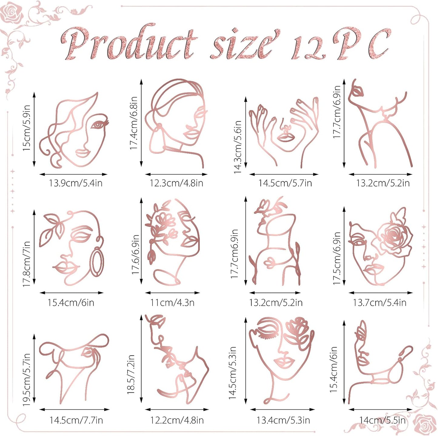 12 Pcs Acrylic Lady Face Cake Topper Minimalist Art Happy Birthday Cake Toppers Women Wedding Cake Decoration for Wedding Birthday Party (Rose gold)