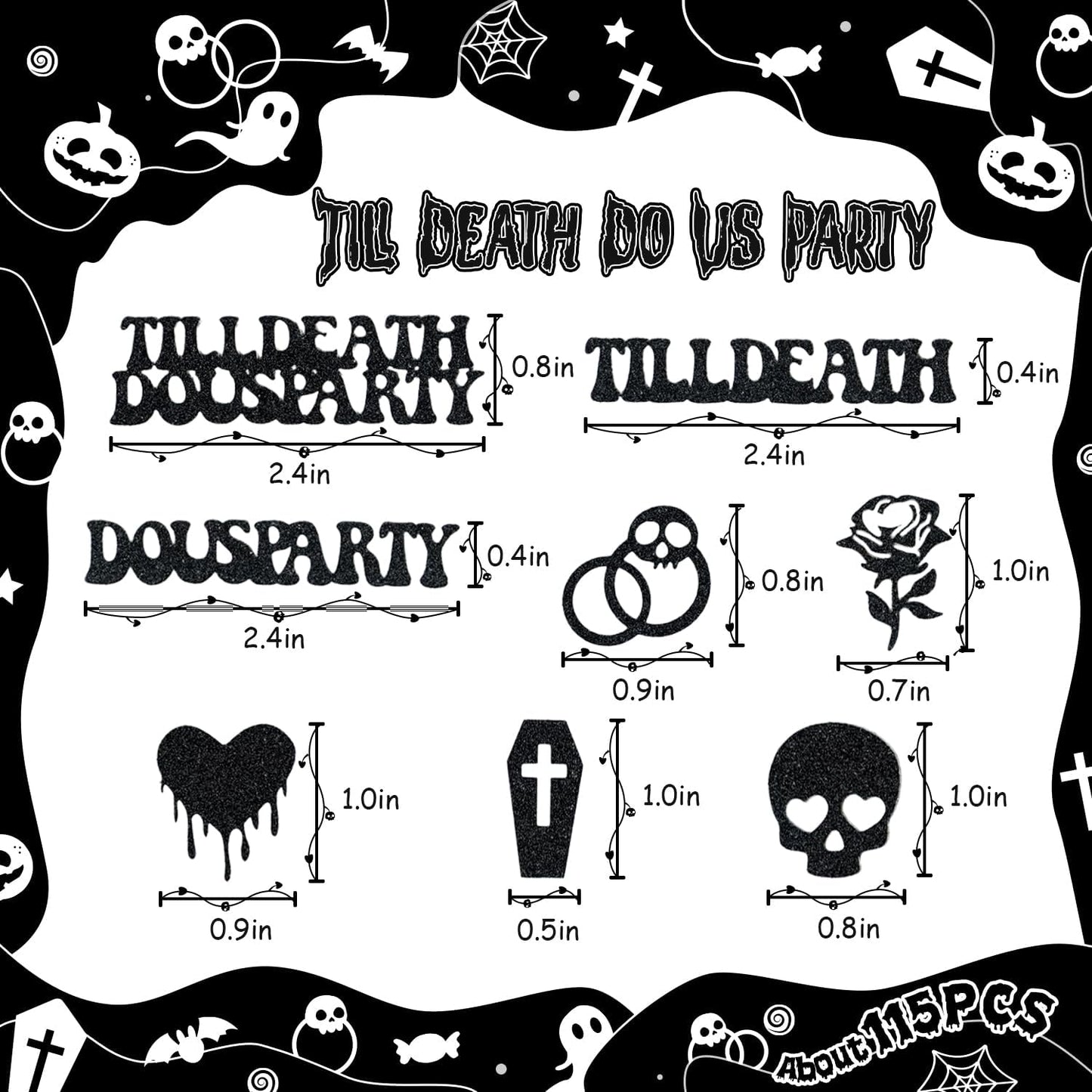 Till Death Do Us Party Confetti, Glitter Halloween Bachelorette Party Table Decorations, Skull Ring Heart Confetti for Gothic Halloween Bachelorette Weeding Bridal Shower Party Decorations（115pcs）