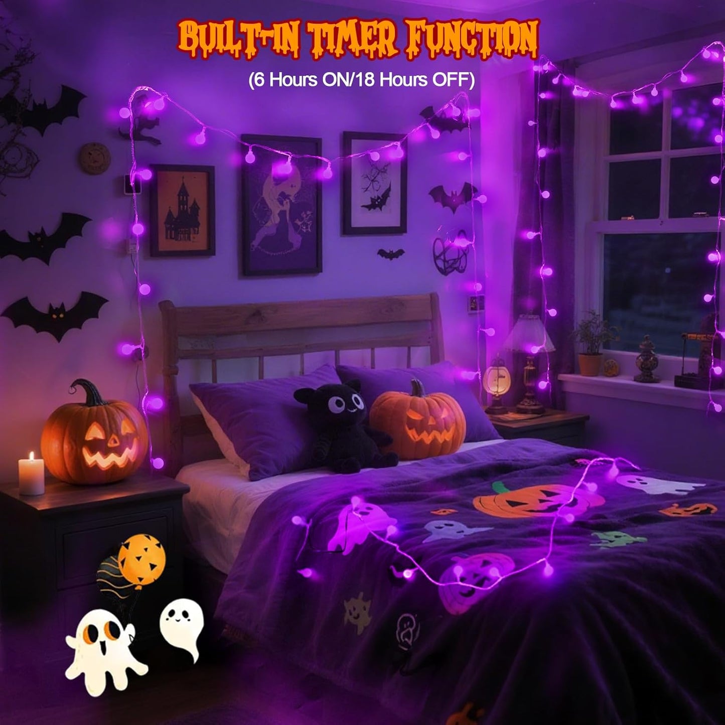 LORRYTE Connectable Purple Halloween Lights Outdoor Indoor - 43FT 100LED Globe String Lights Plug in with Timer, 13 Modes Fairy Light Waterproof for Party Halloween Decorations Bedroom Decor
