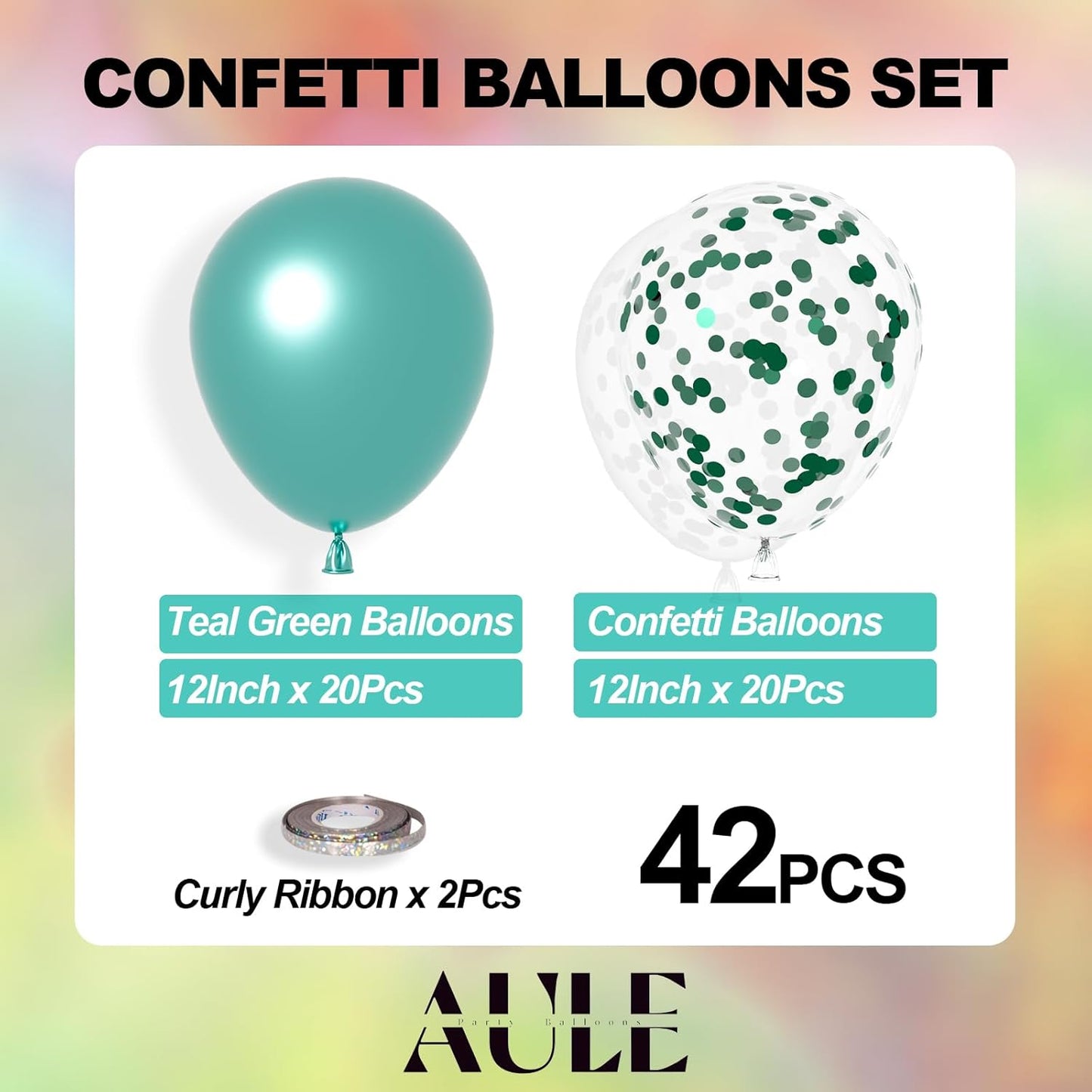 AULE Party Balloons Pack of 42 - Metallic Green Balloons & Confetti Balloons and 64ft Ribbons - 12 Inch Teal Green Balloon Decorations Set
