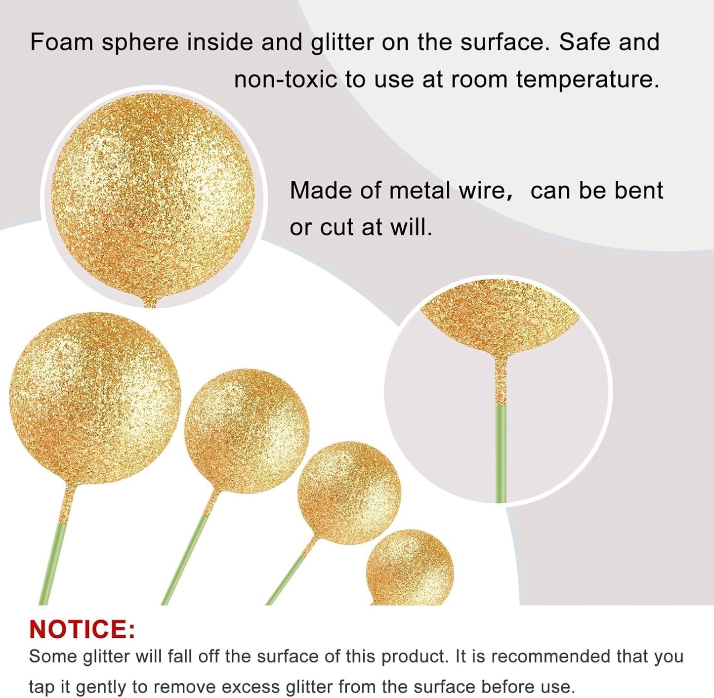 ASTARON 20 Pcs Mini Balloons Cake Topper Sticks - Glitter Gold Ball Picks for Christmas Birthday Decorations