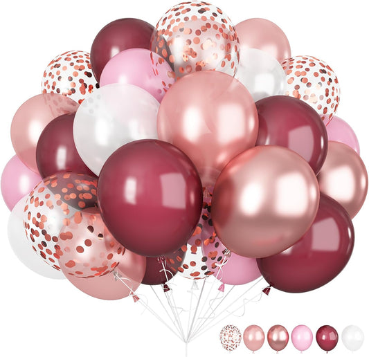 Burgundy Red and Pink Balloons, 60 Pack 12in Rose Gold Wine Red Light Pink White Latex Balloon Metallic Rosegold Confetti Helium Party Balloons for Women Girls Birthday Wedding Anniversary Decorations
