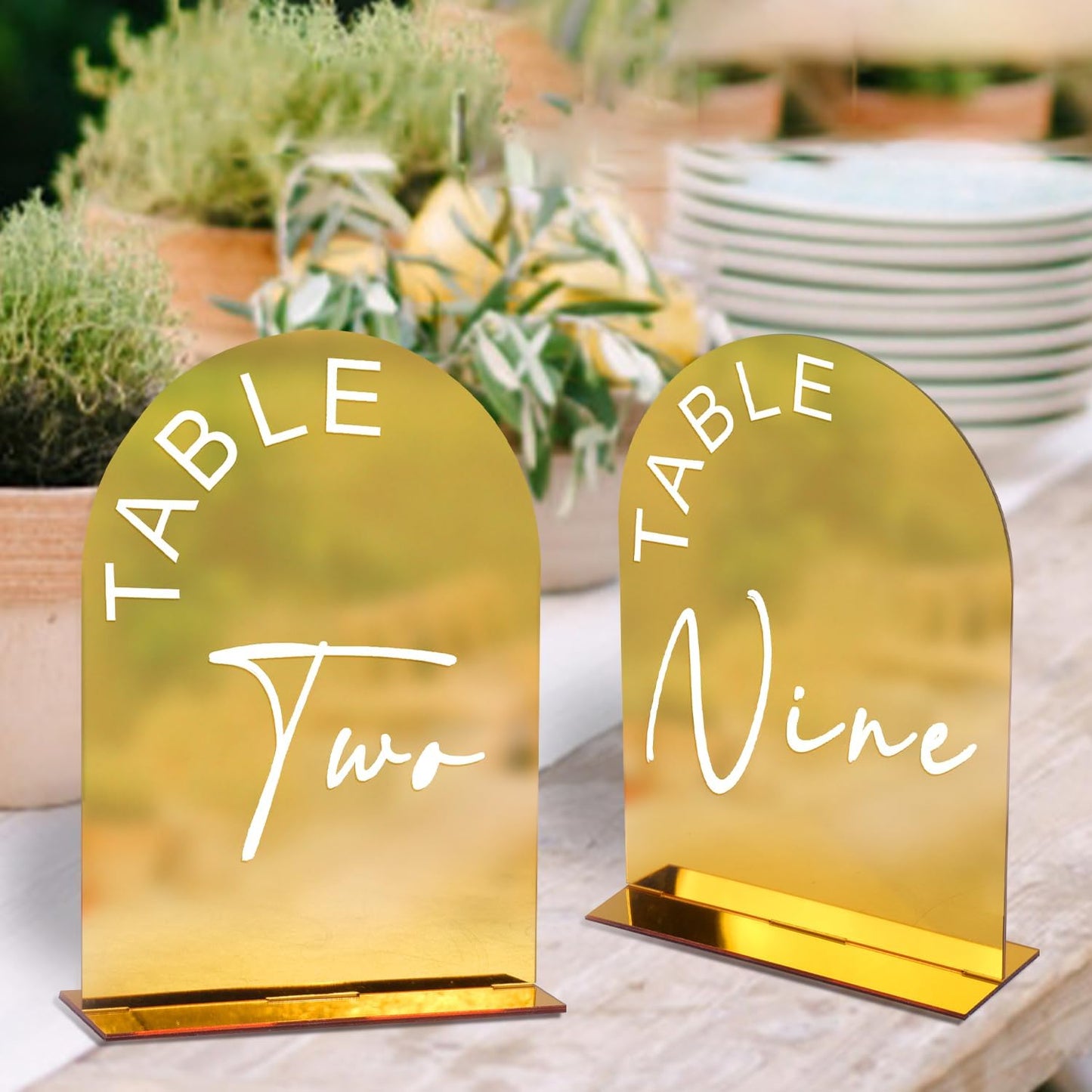 Gold Mirror Arch Wedding Table Numbers 1-25 with Stands, 5x7 Inch Acrylic Arch Sign with Holder for Wedding Reception Table Centerpiece Decoration(Gold Mirror)