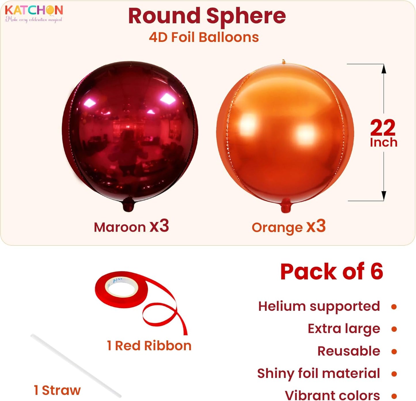 Katchon, Large Metallic Maroon and Orange Foil Balloons -22 Inch-pack of 6 | Fall Decorations For Home | Halloween Decor | Thanksgiving Decorations | 4D Foil balloons,Orange and red Party Decorations