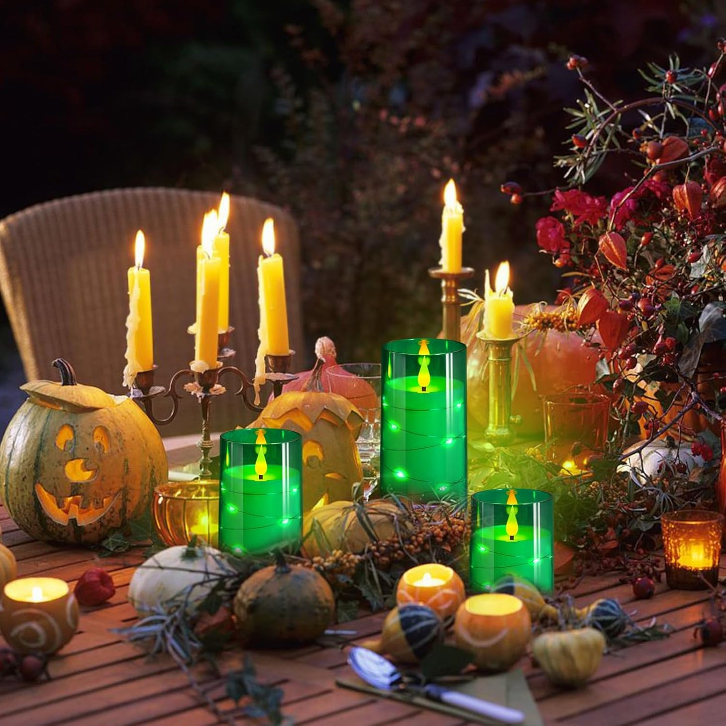 NURADA Flickering Flameless Candles: Built-in Star String Acrylic Battery Operated LED Pillar Candles with Remote and Timer for Home Party Weddings Christmas Halloween Decor -Green 3 Pack