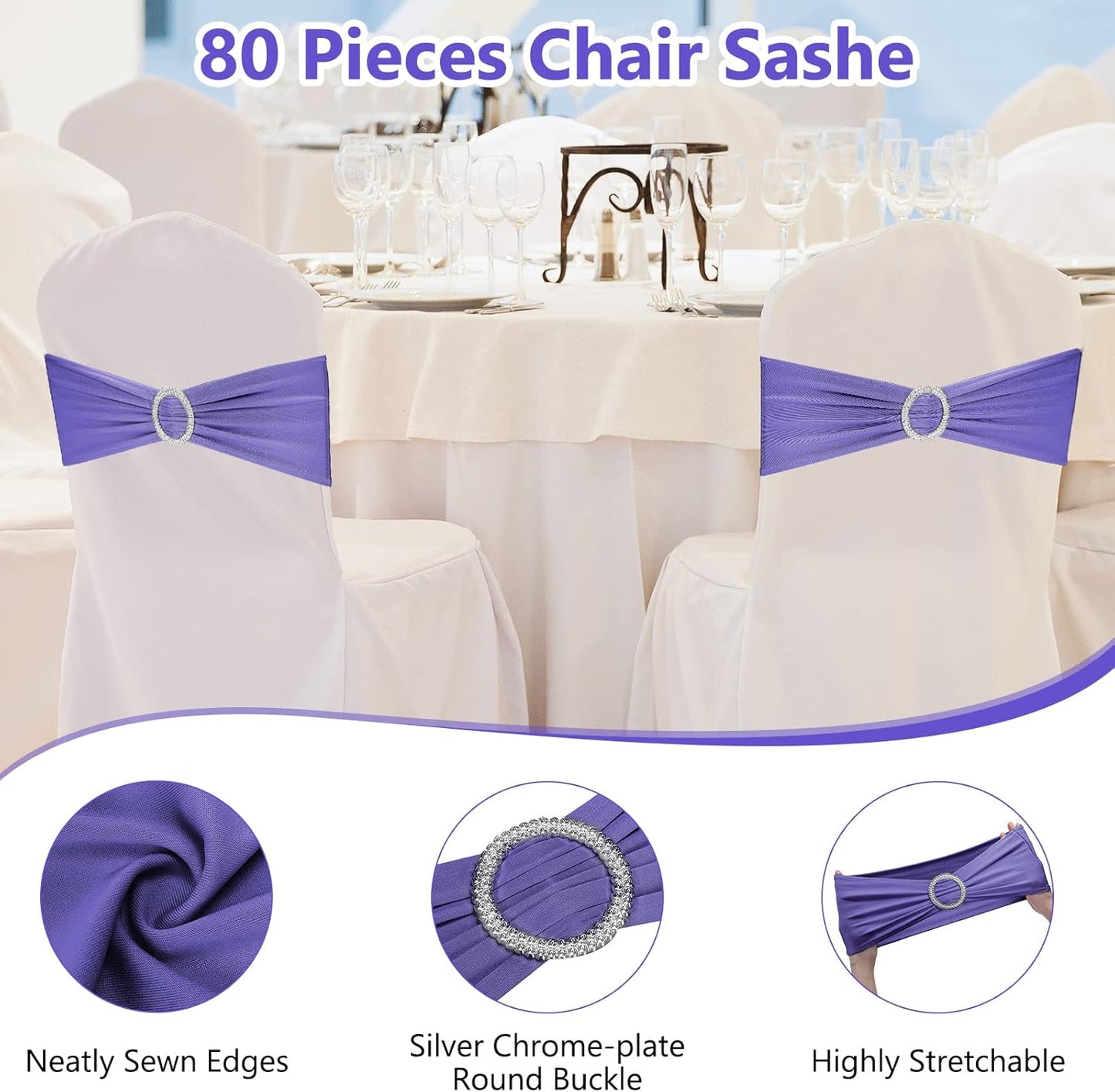 CHENGU 150 Pieces Spandex Stretch Chair Sashes Bows Elastic Chair Cover Bands Ties with Buckle Slider for Wedding Party Reception Events Universal Ceremony Banquet Decorations (Light Purple)