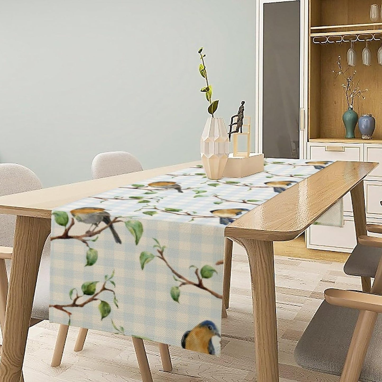 Bird Table Runner,Spring Birds Tree Blue Plaid Print Table Runner for Kitchen Dining Table Decoration Home Party Decor 13x36 Inch
