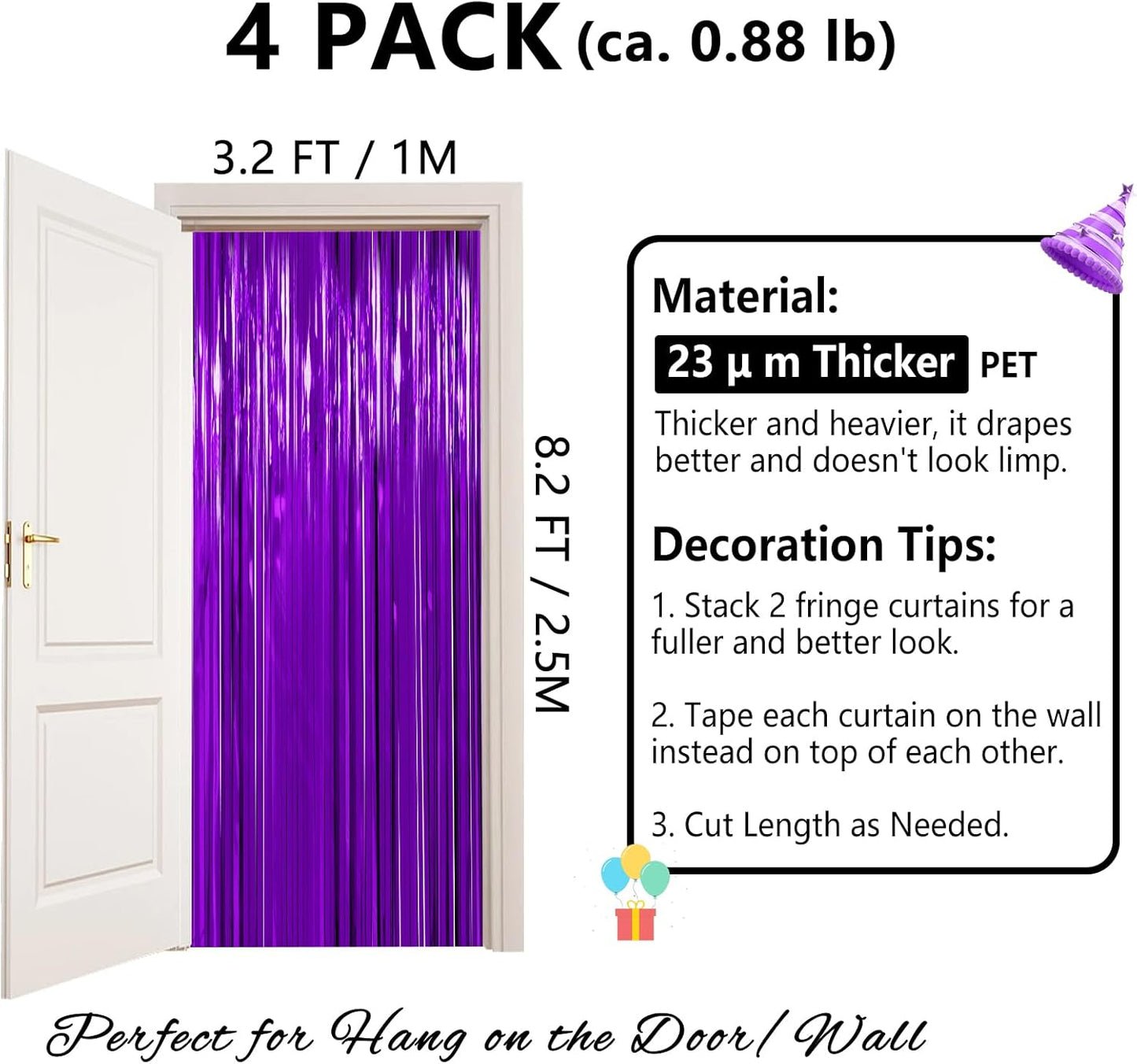Purple Streamers Party Decorations - Thicken 4 Pack 3.2 x 8.2 FT - Purple Tinsel Foil Fringe Curtains, Photo Booth Props Backdrops for Birthday, Halloween, Graduation Party Decorations
