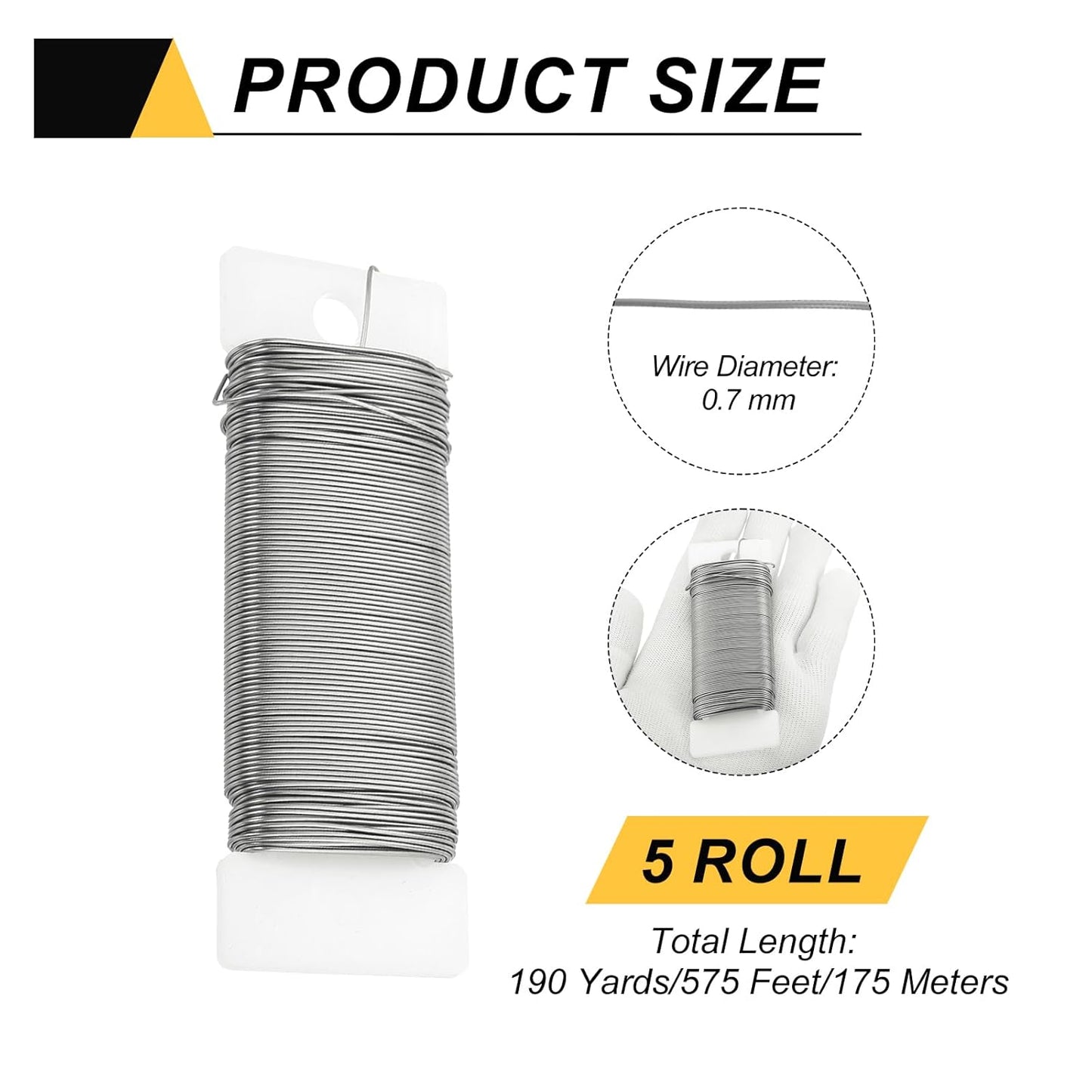 MECCANIXITY 190 Yards/575 Feet Metal Floral Wire 21 Gauge Silver Tone Flexible Paddle Thin Floral Wires for Craft, Christmas Wreath, Flower Arrangement, Wedding, Total 5 Roll