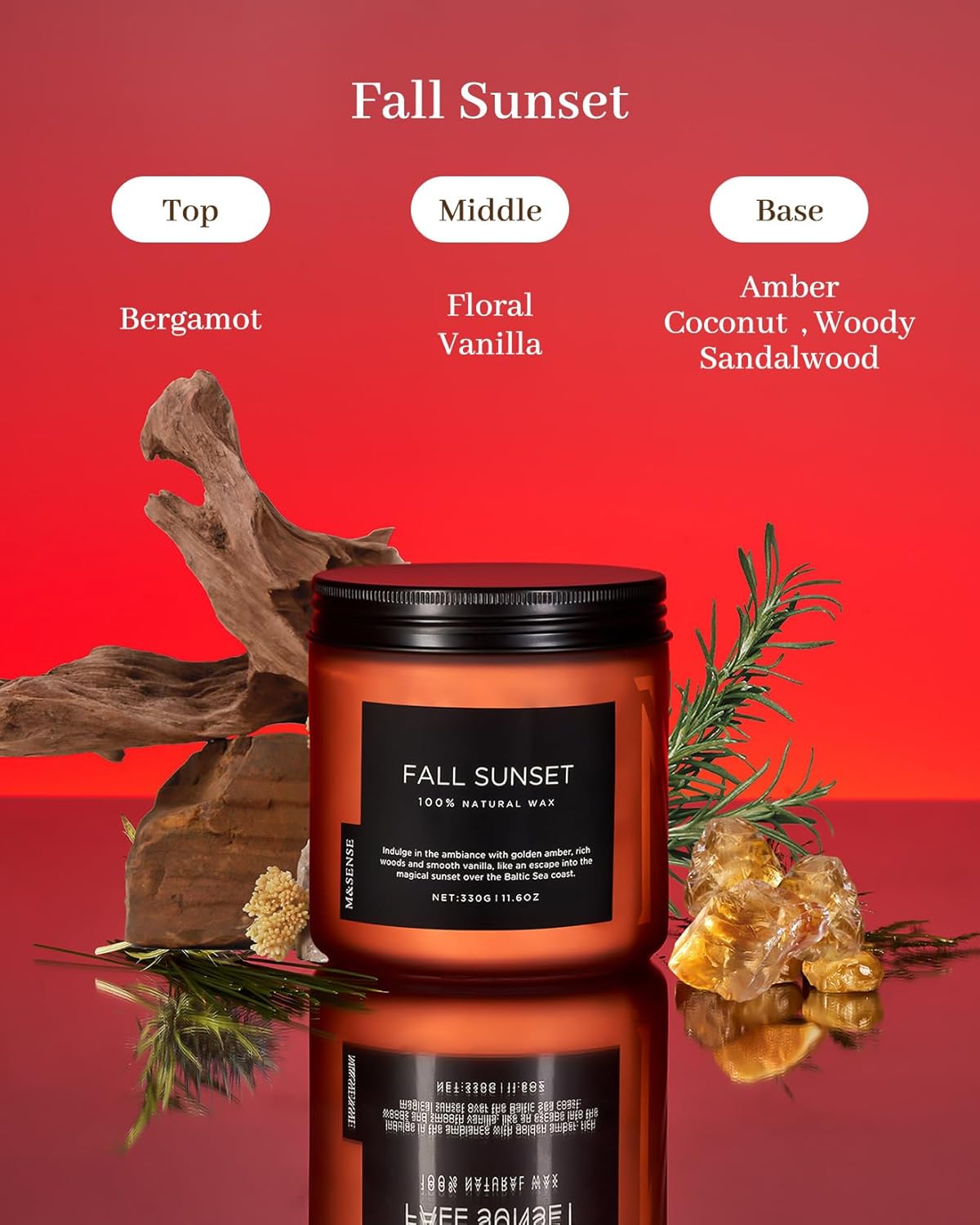 M&SENSE Baltic Amber Scented Candle, 11.6oz Clean Natural Soy Wax Non Toxic Up to 70 Hours Burn Time 2 Cotton Wick Housewarming Candle for Home Scented