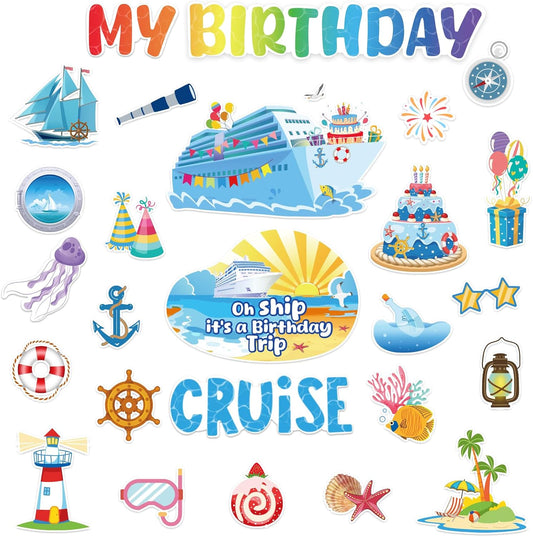 26 Pcs Birthday Cruise Door Decorations Magnetic, Funny Cruise Ship Sea Navigation Door Magnets Stickers Cruise Door Decor for Cabin Door Fridge Car Accessories Carnival Birthday Party Supplies
