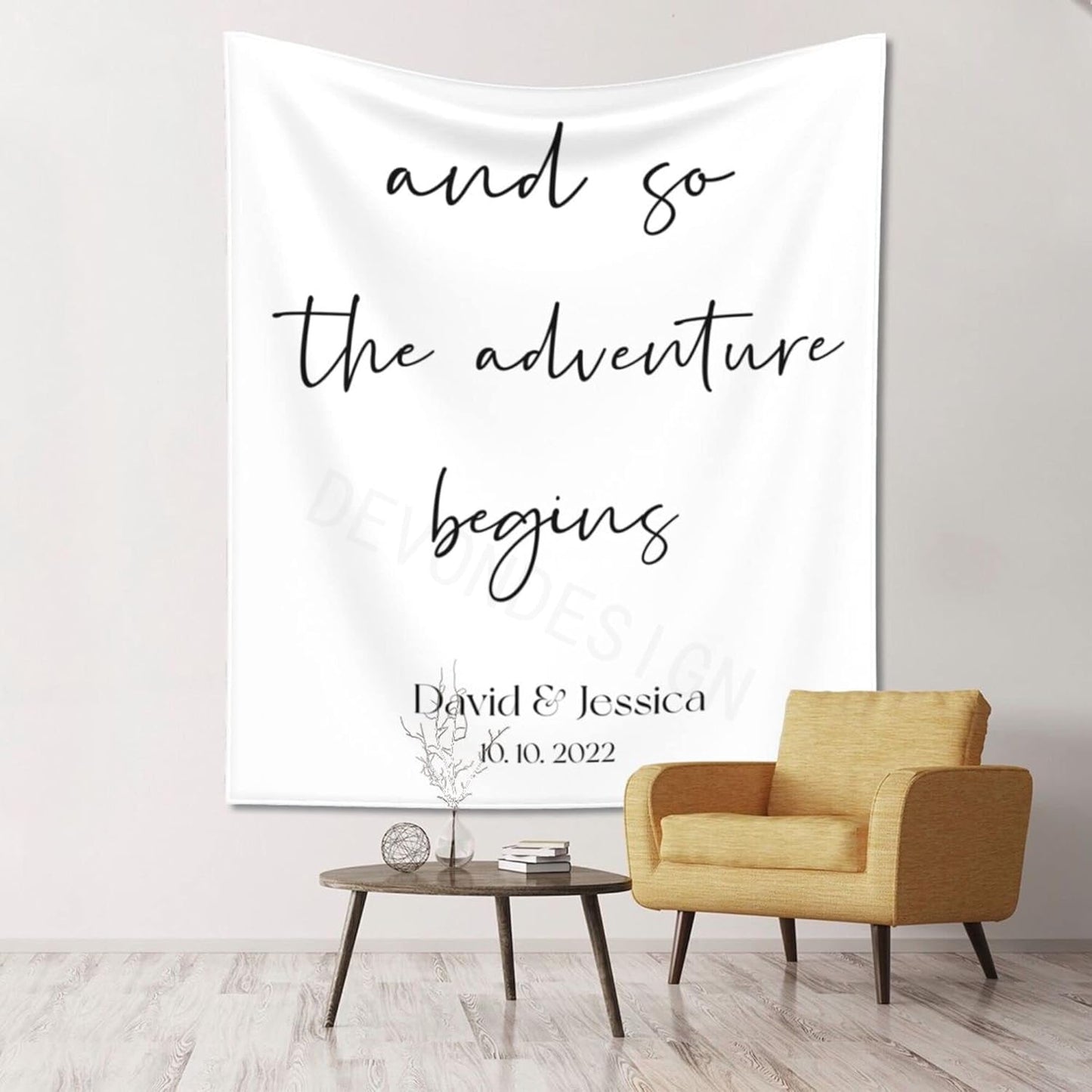 And So The Adventure Begins Custom Tapestry with Names and Date, Rustic Wedding Sign, Personalized Calligraphy Wedding Banner for Ceremony and Reception