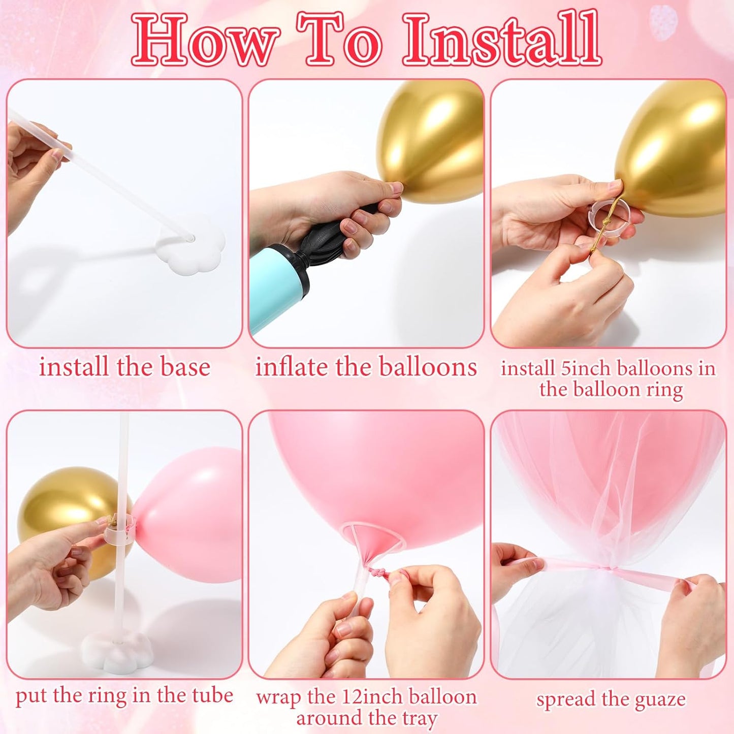 BBTO 8 Set Table Centerpieces Balloons Stand Kit, 80 Pcs Latex Balloons and Table Stand Holder with Base Tulle for Wedding Birthday Baby Shower Party (Pink, Gold)