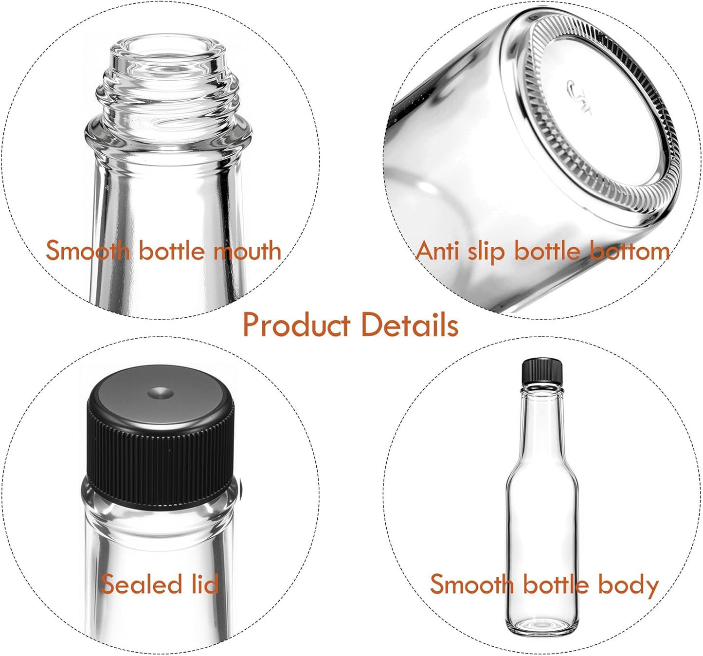 Ahhute Sauce Bottles, 5oz Small Olive Oil Bottles with Shrink Capsules, Mini Vanilla Wine Bottle for Wedding Favors Gifts, Glass Hot Sauce Bottles w/Black Caps and Silicone Funnel, Set of 24