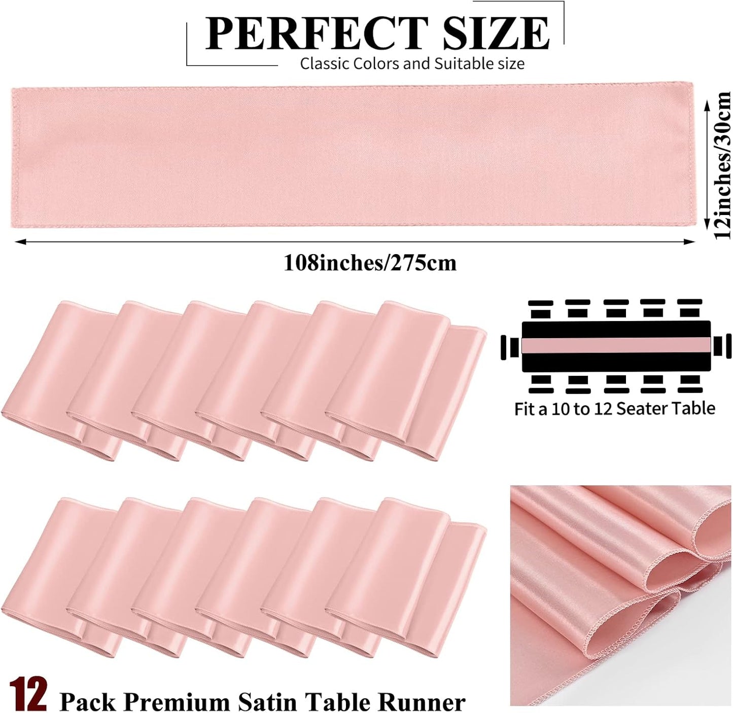 12 Pack Rose Gold Satin Table Runner,12 x 108 inch Long Premium Smooth Table Runner for Wedding, Banquets, Birthday, Party, Graduation, Engagements,Table Runners fit Rectangle and Round Table