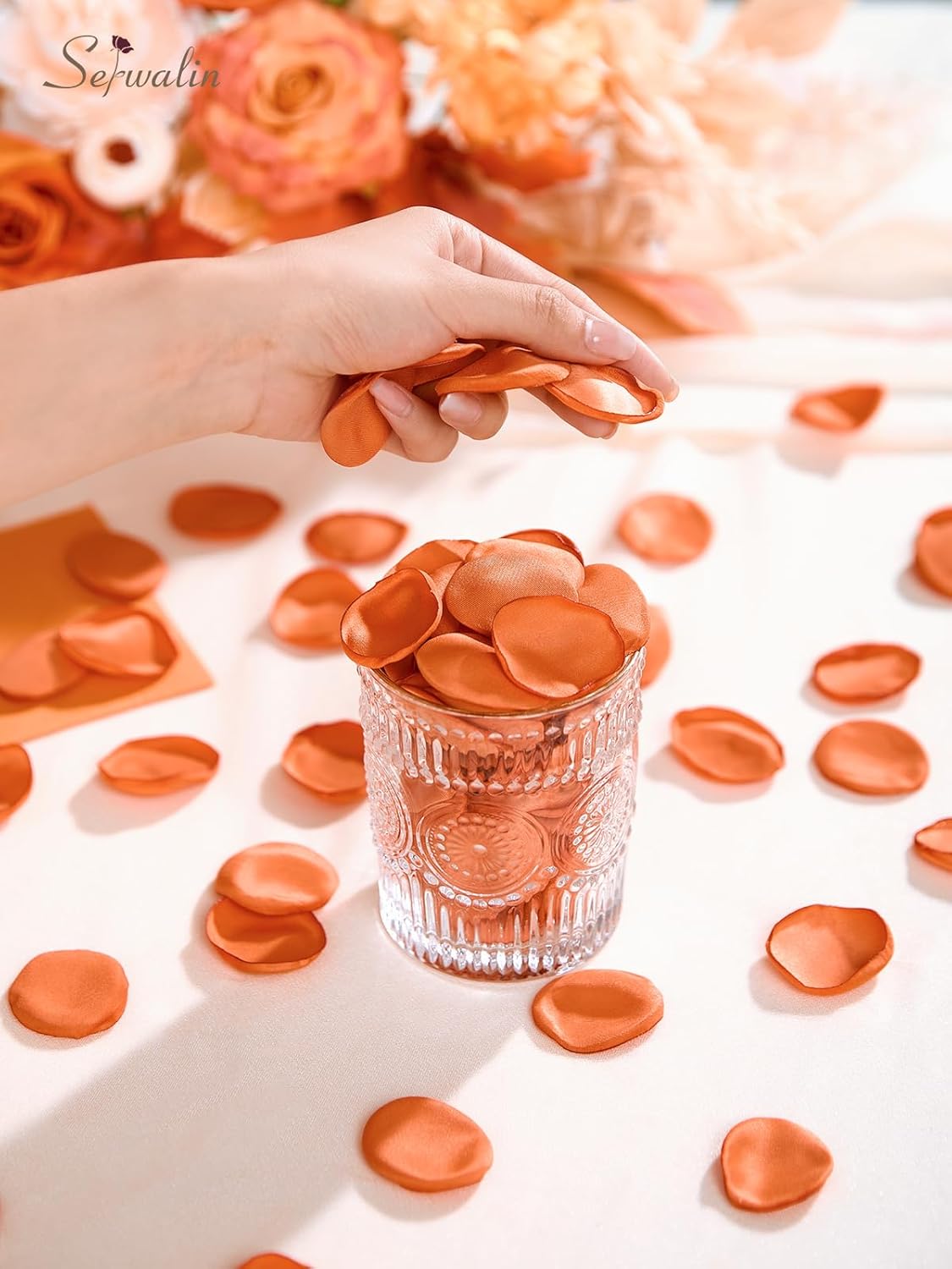 Serwalin 300Pcs Silk Rose Petals Fake Flower Petals Orange Artificial Rose Petals for Weddings Proposal Flower Girl Petals Aisle Flower Girl Basket Runner Bridal Shower Table Decor